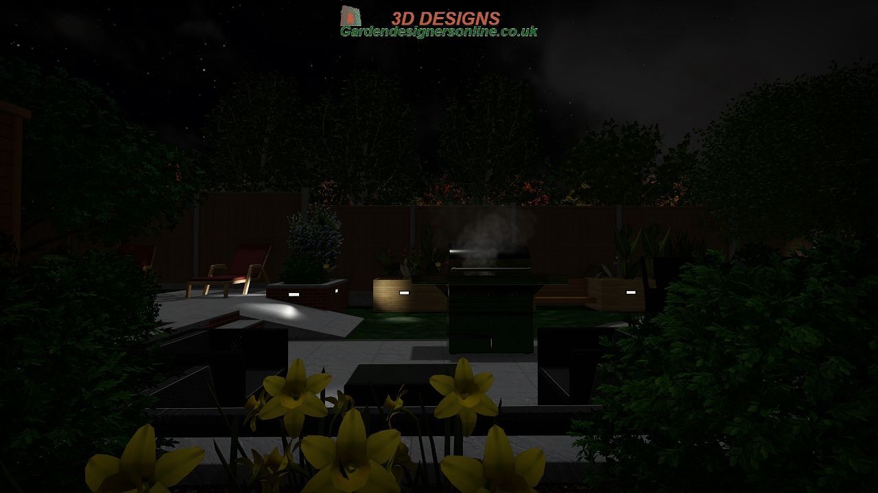 A computer generated image of a garden at night