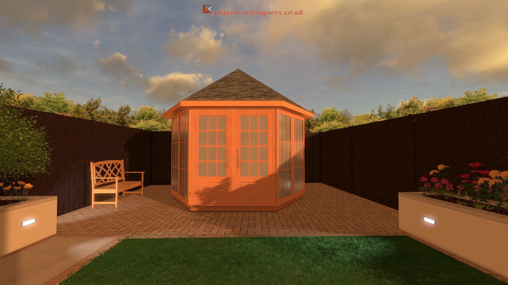 A 3d rendering of a garden with a gazebo and a bench.