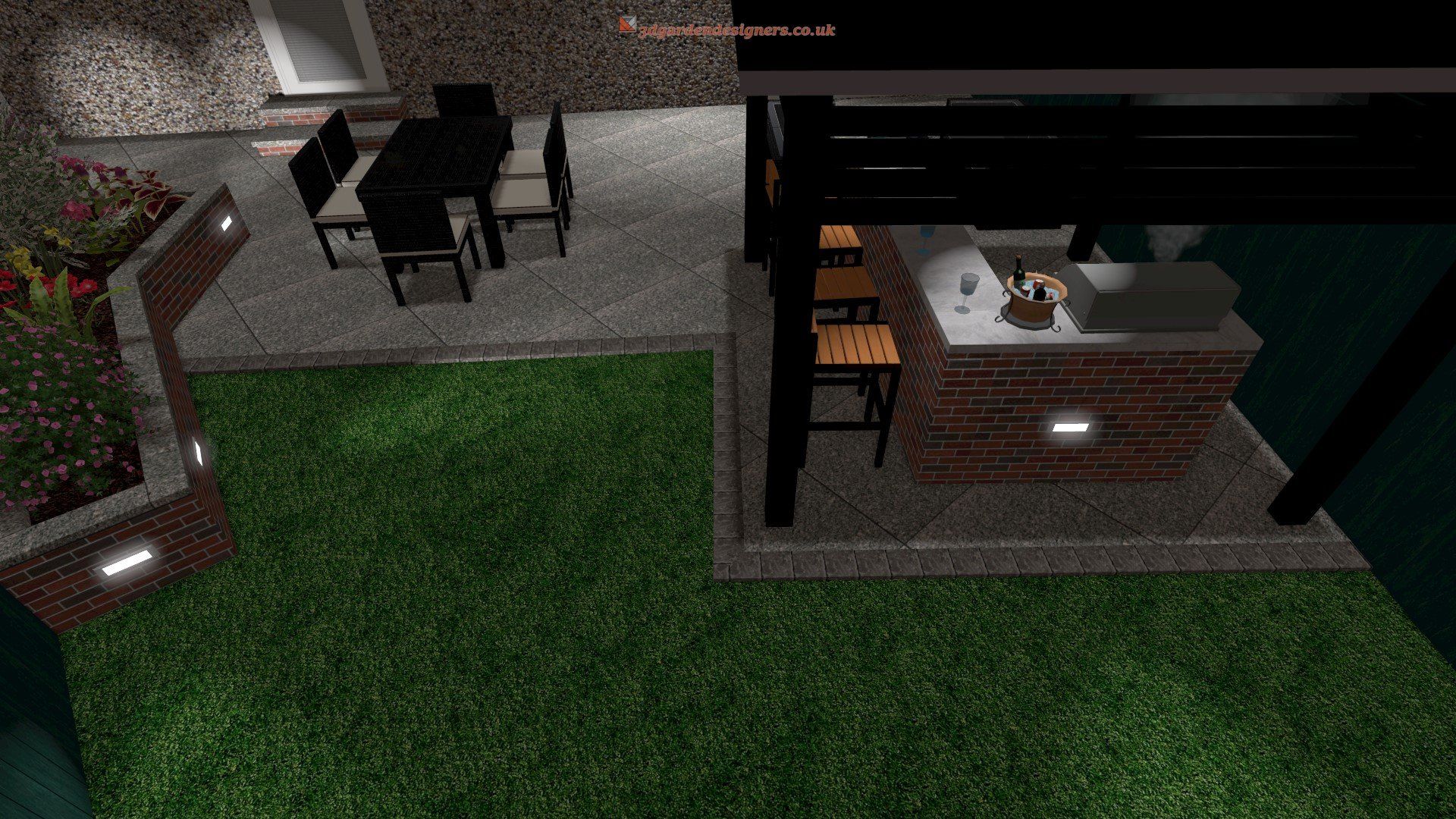 An aerial view of a patio with a table and chairs and a kitchen.