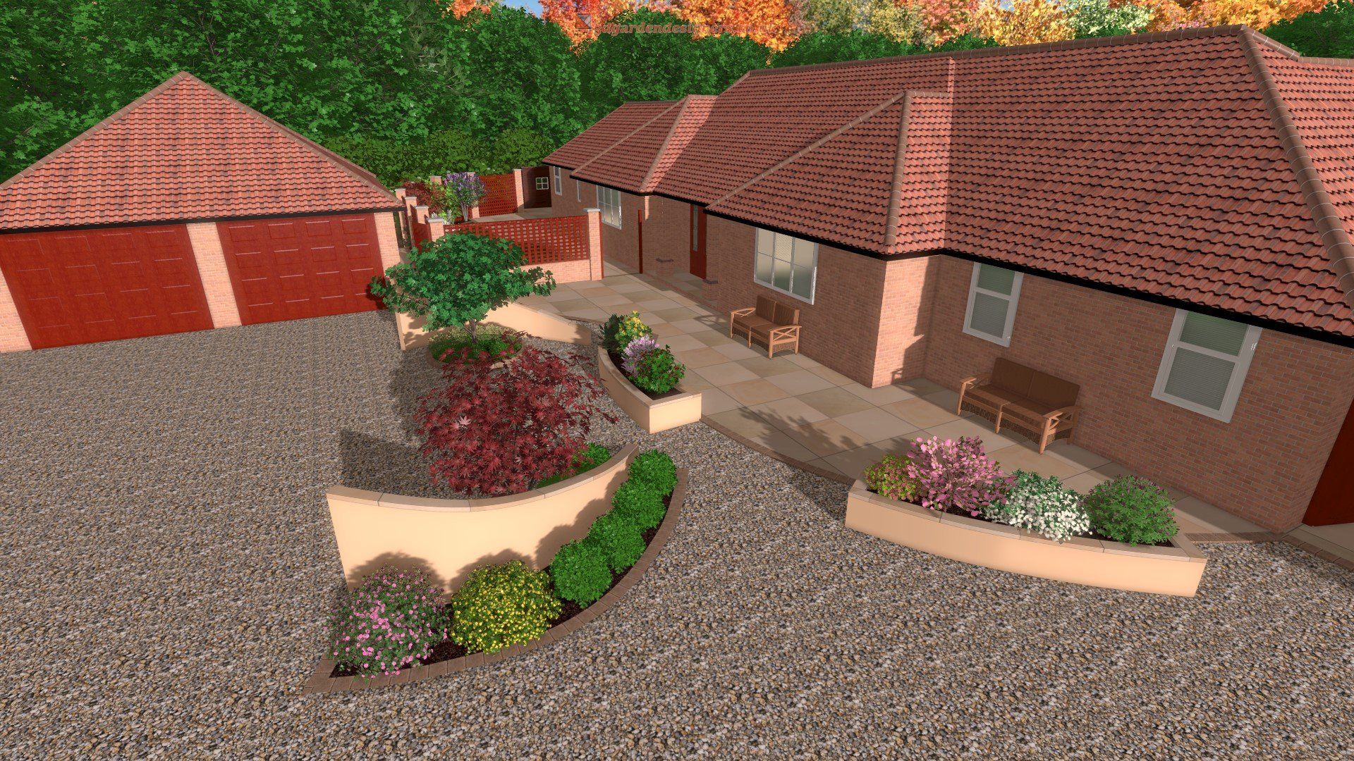 A computer generated image of a house with a red roof