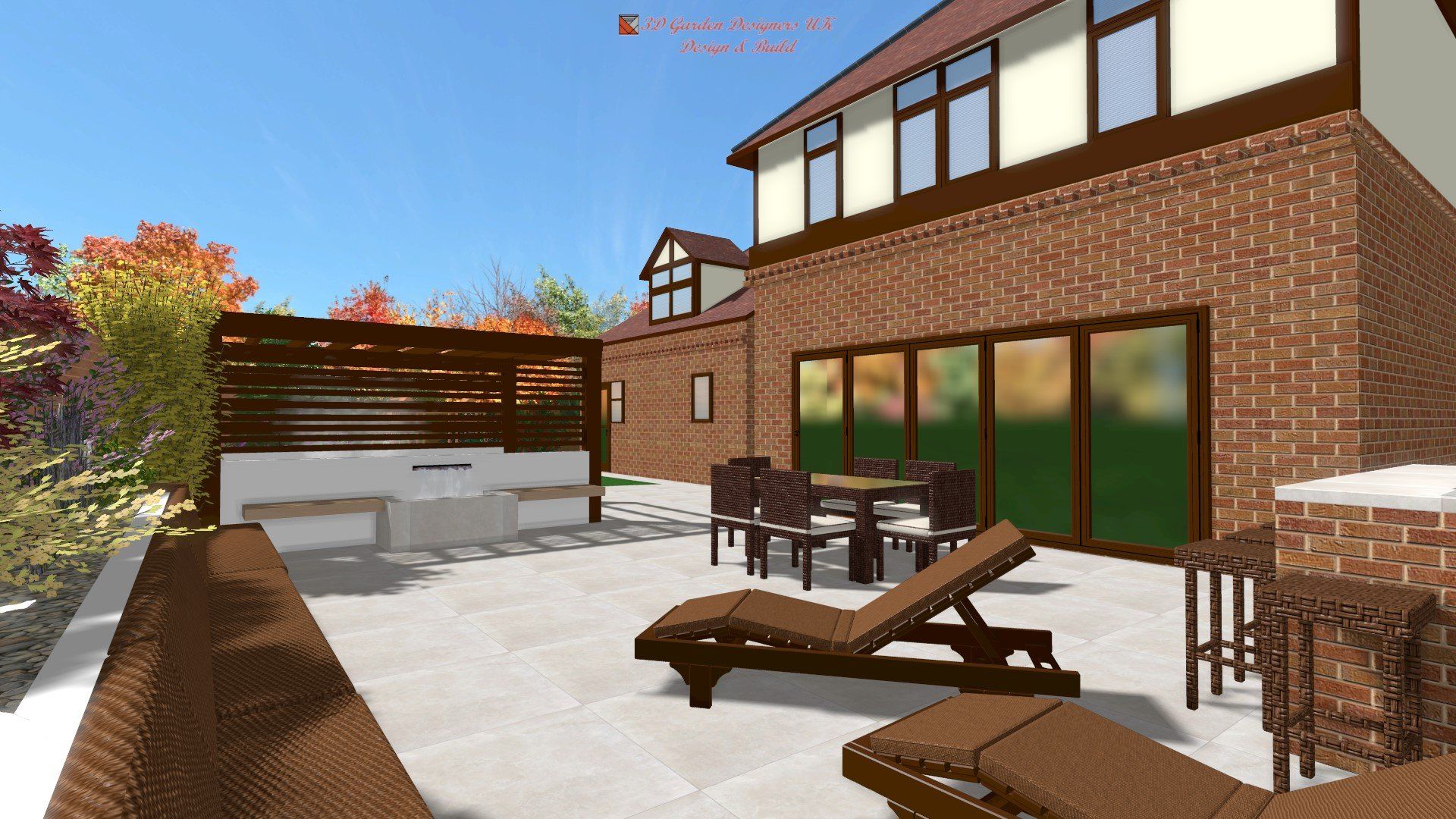 A computer generated image of a house with a patio and chairs