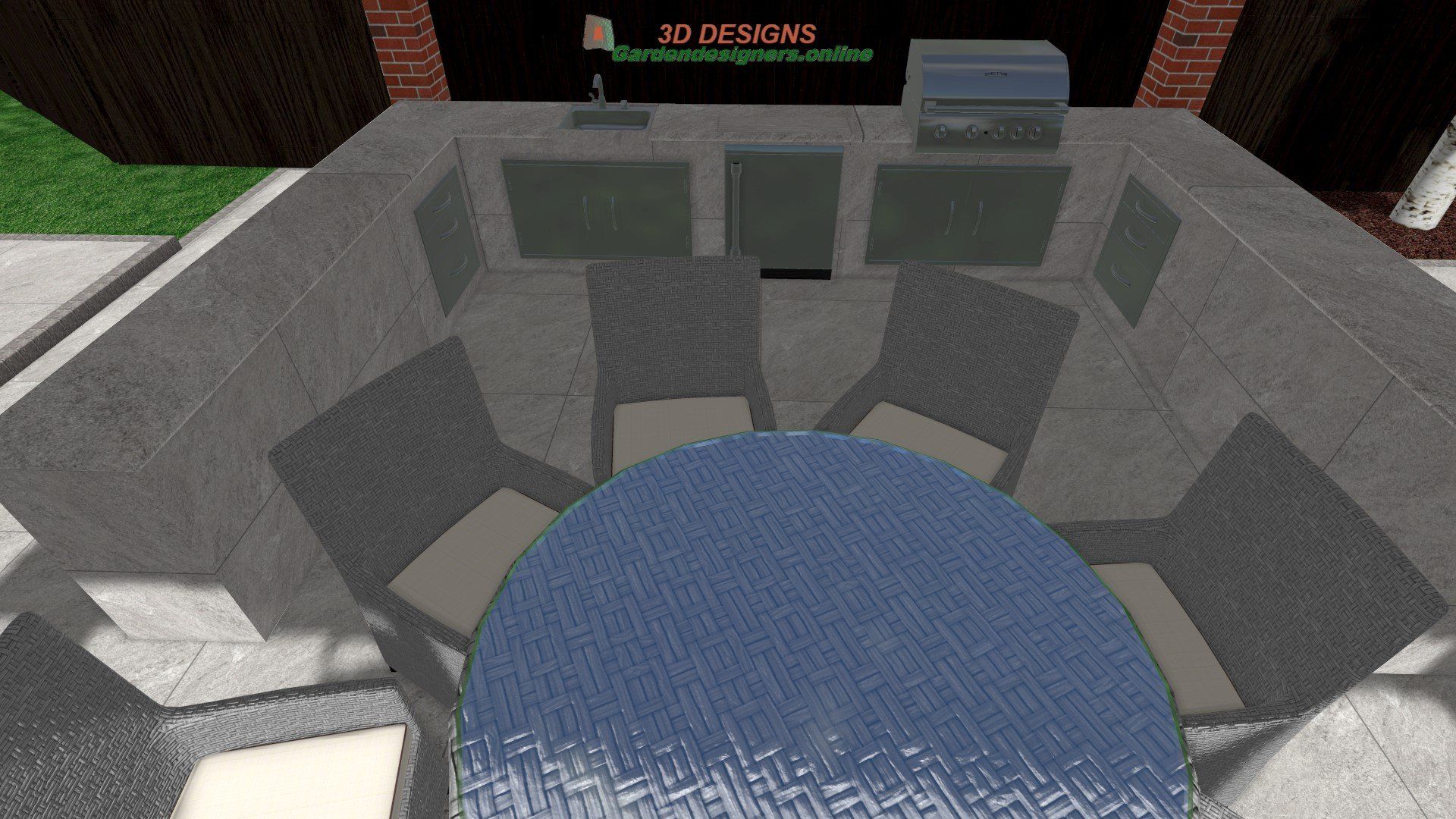 A computer generated image of a patio area with a table and chairs.