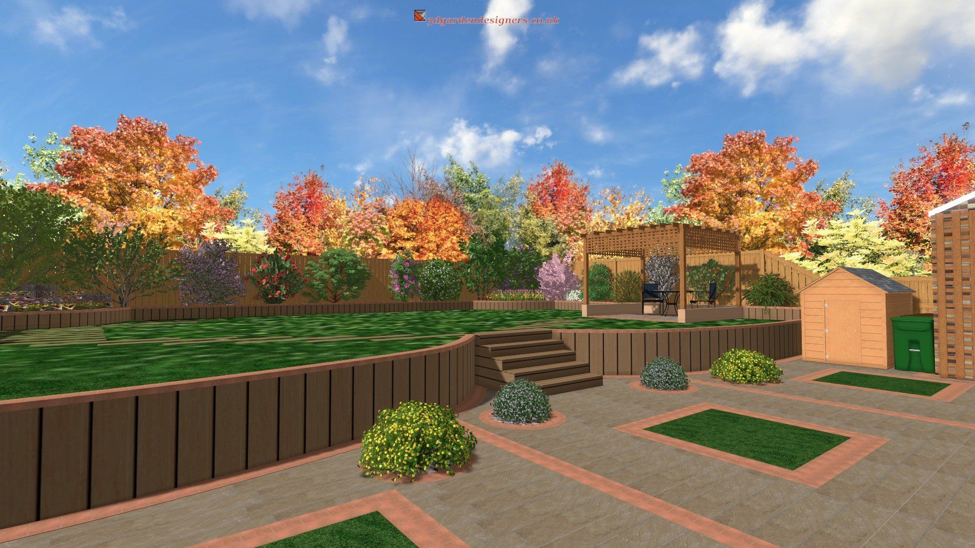 A computer generated image of a backyard with a pergola and stairs.