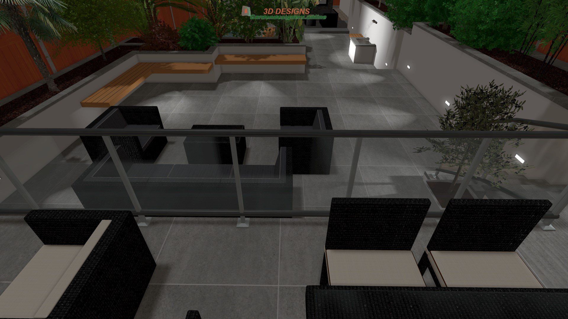 A computer generated image of a patio with a couch and chairs.