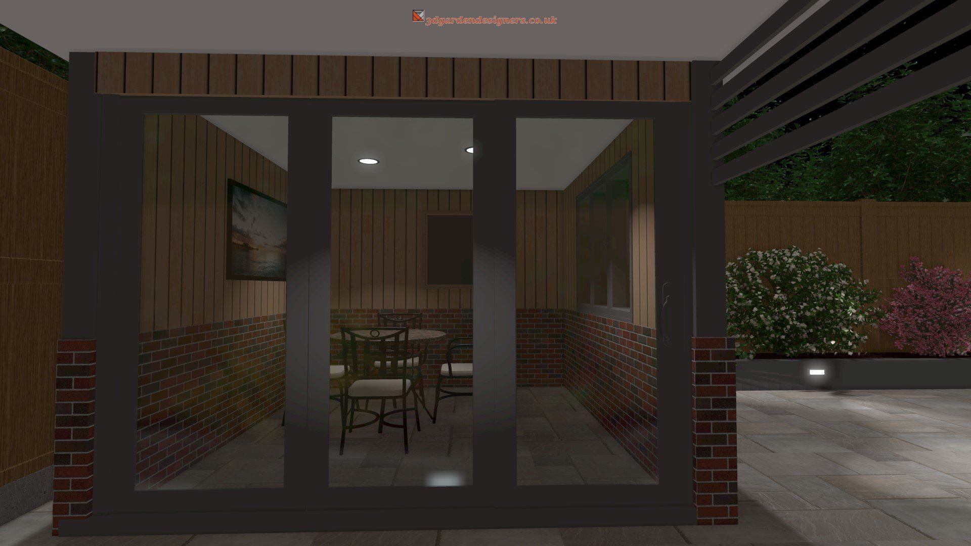 A computer generated image of a room with a table and chairs in it.