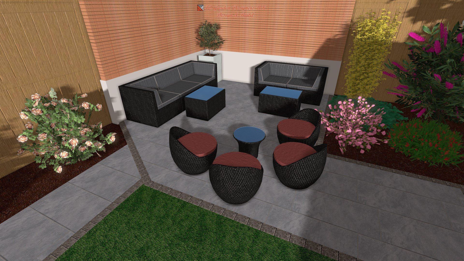 A 3d rendering of a patio with a couch , chairs , and tables.
