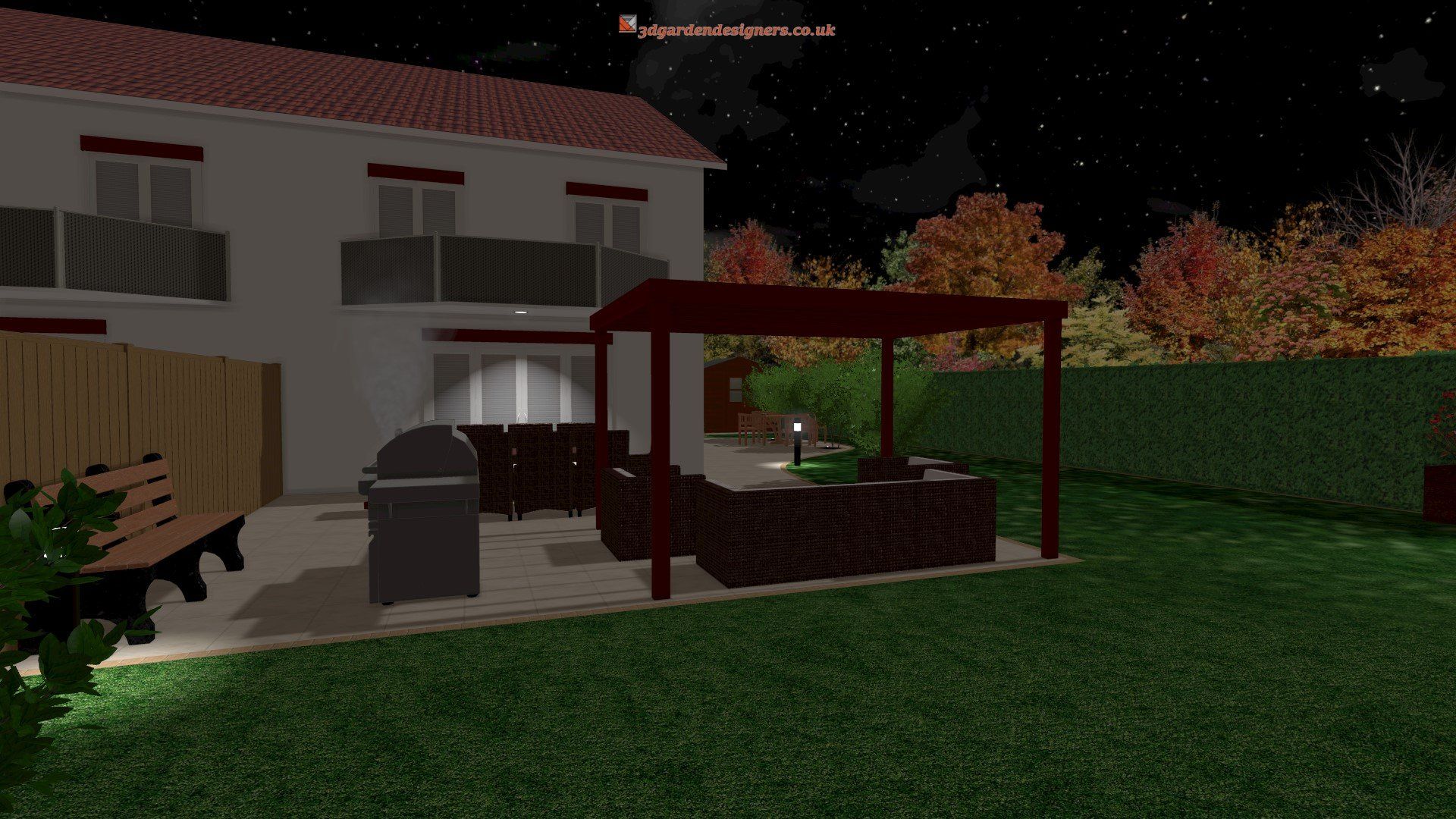 A computer generated image of a backyard at night with a pergola and a grill.
