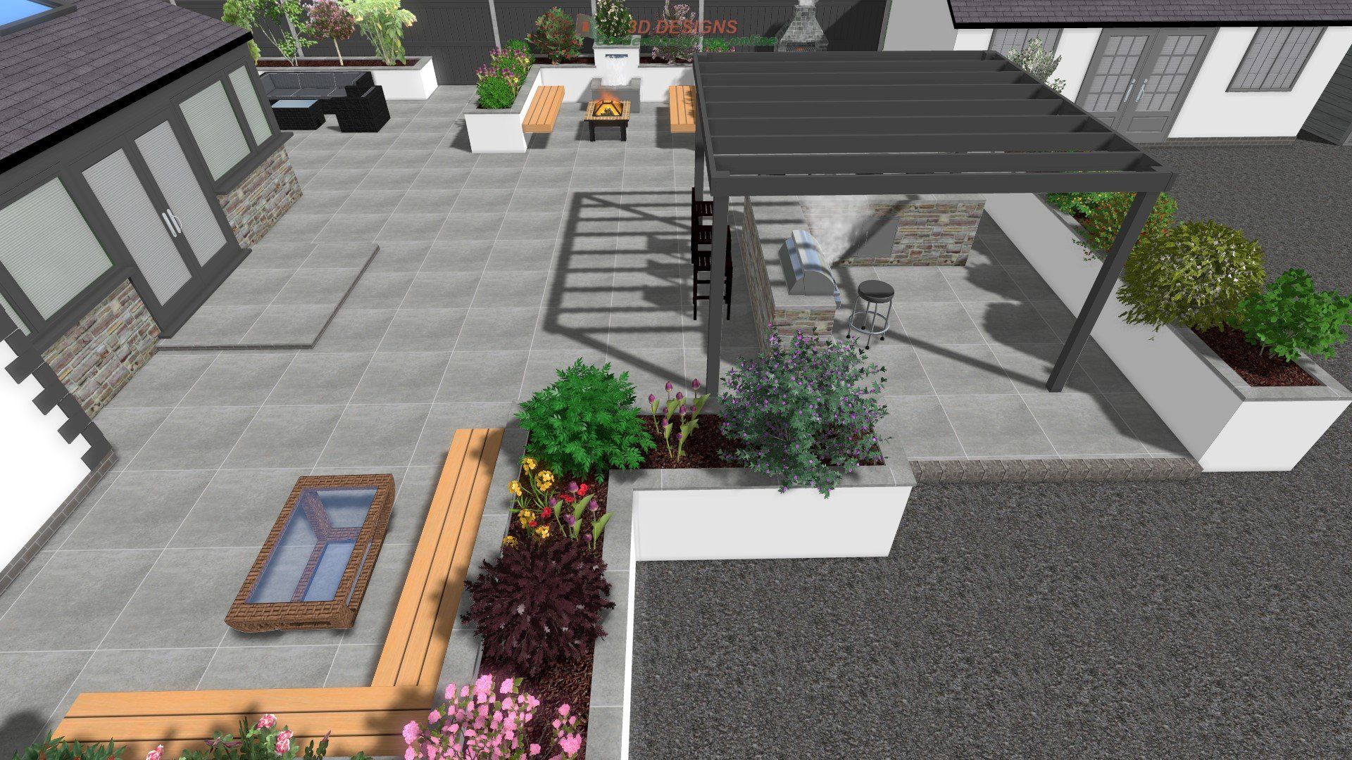 An aerial view of a patio with a pergola and planters