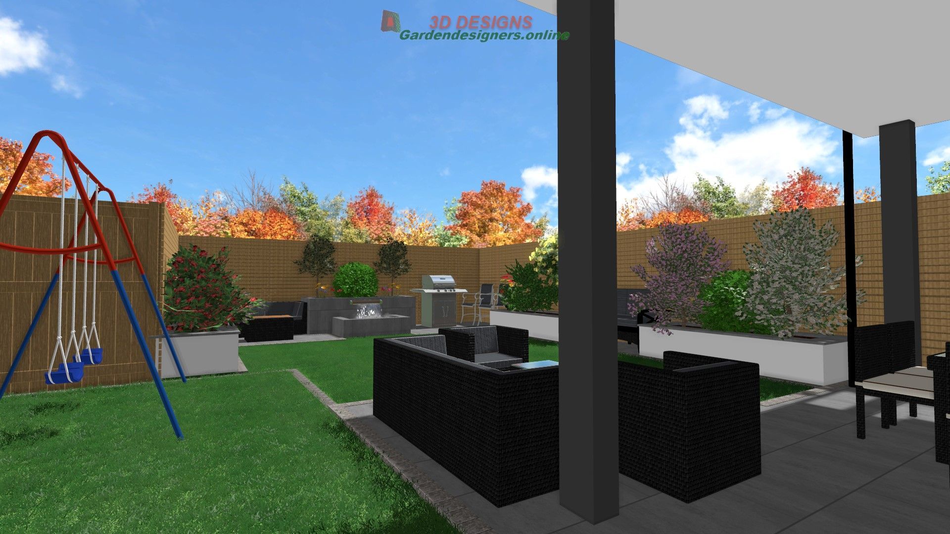 A 3d rendering of a backyard with a swing set and a couch