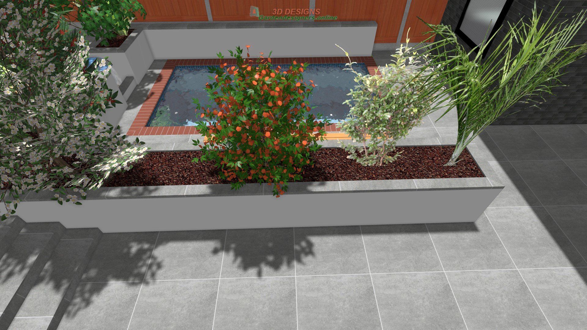 A computer generated image of a garden with a pool and plants.