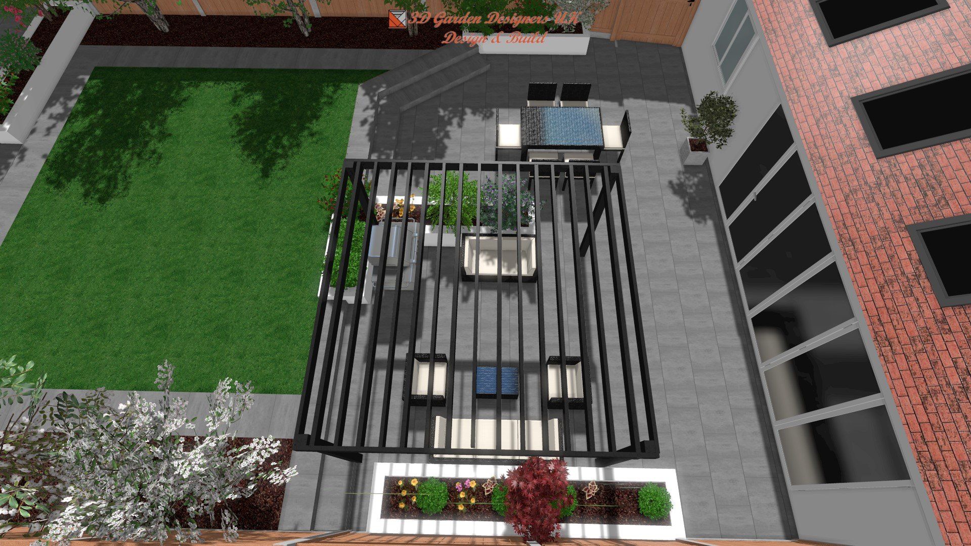 An aerial view of a patio with a pergola and a brick building in the background.