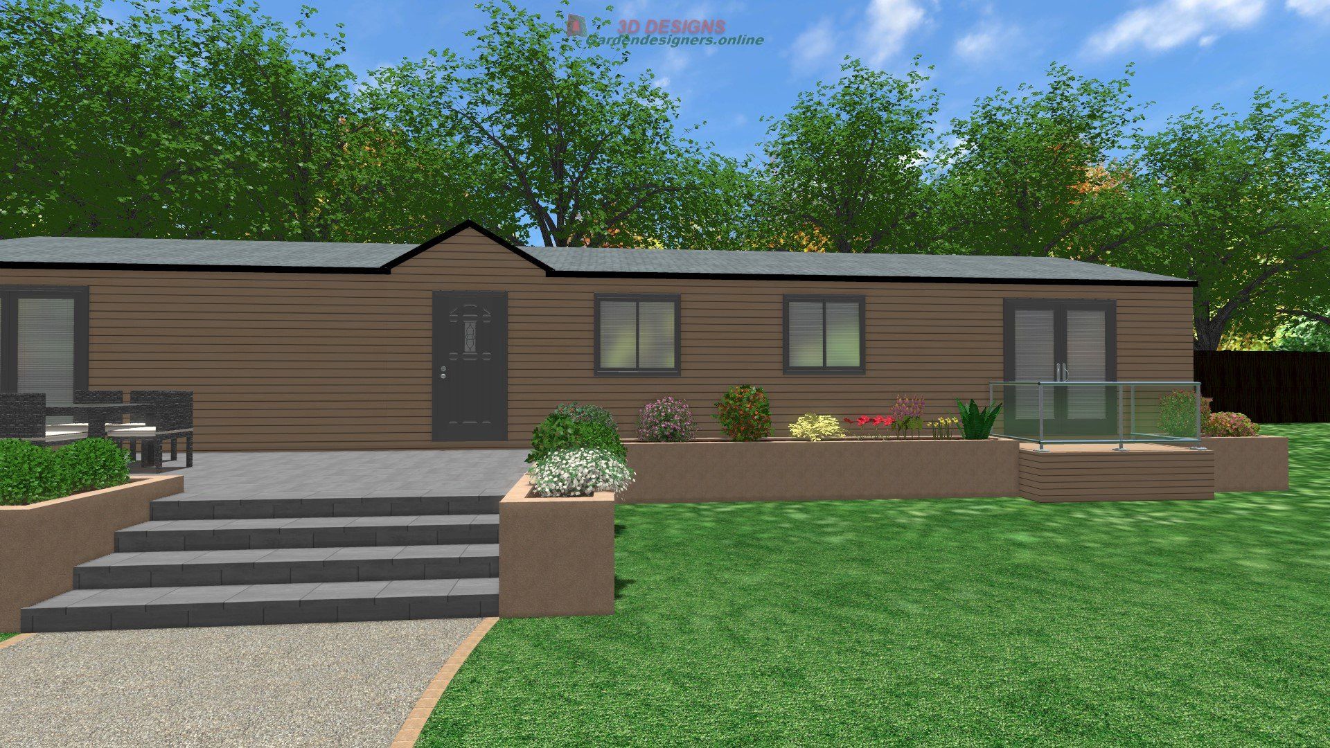 A computer generated image of a mobile home with stairs leading up to it.