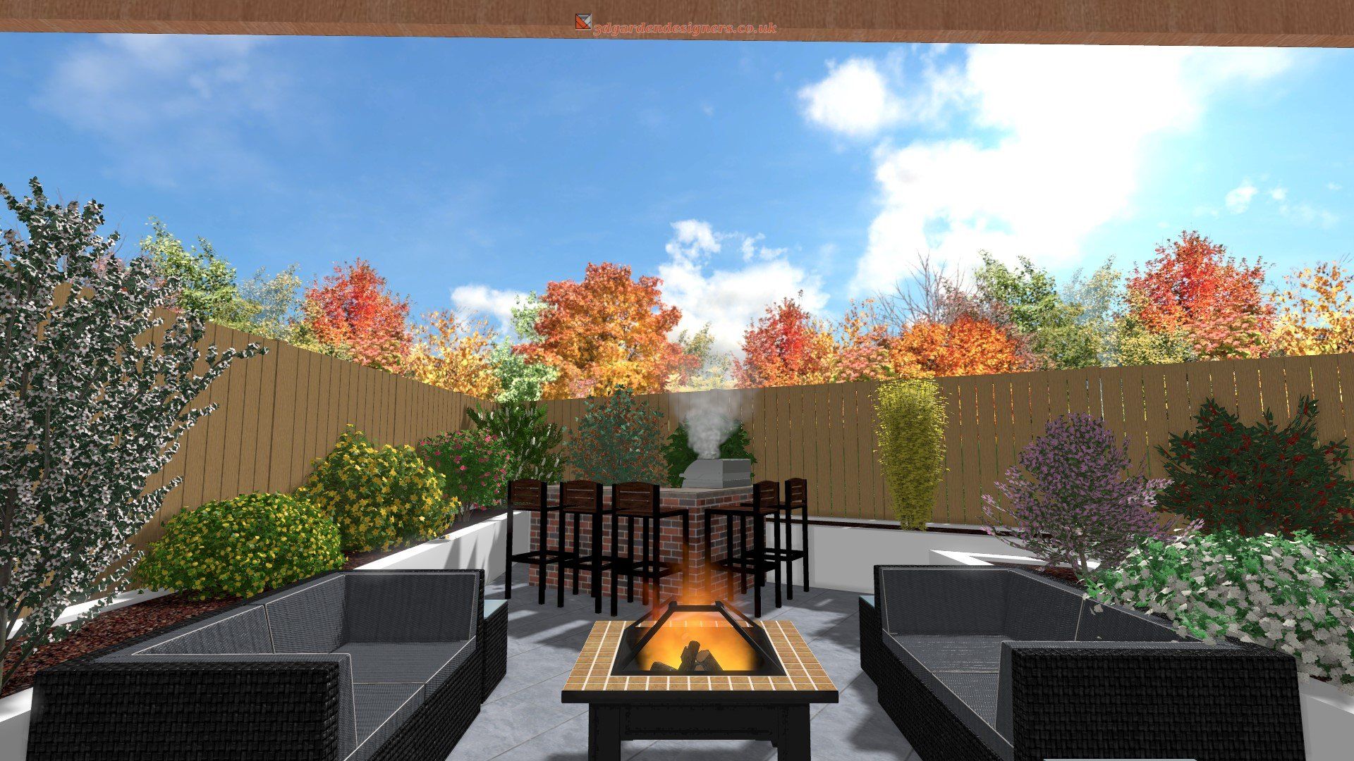 A computer generated image of a patio with a fire pit