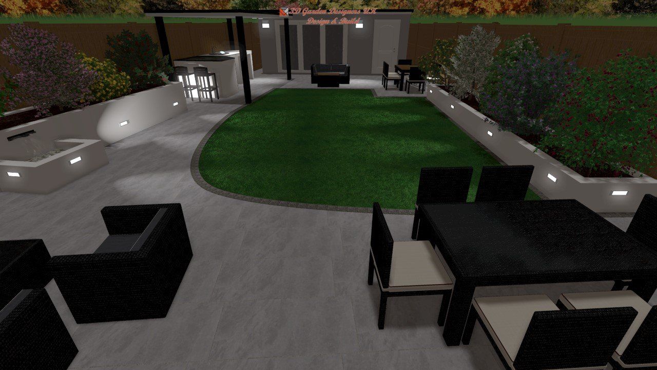 A computer generated image of a patio with a table and chairs