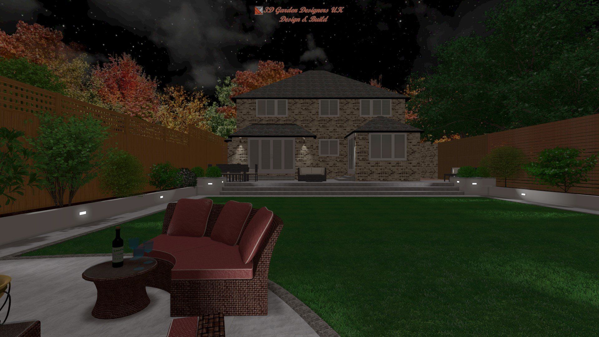 A computer generated image of a backyard with a house in the background