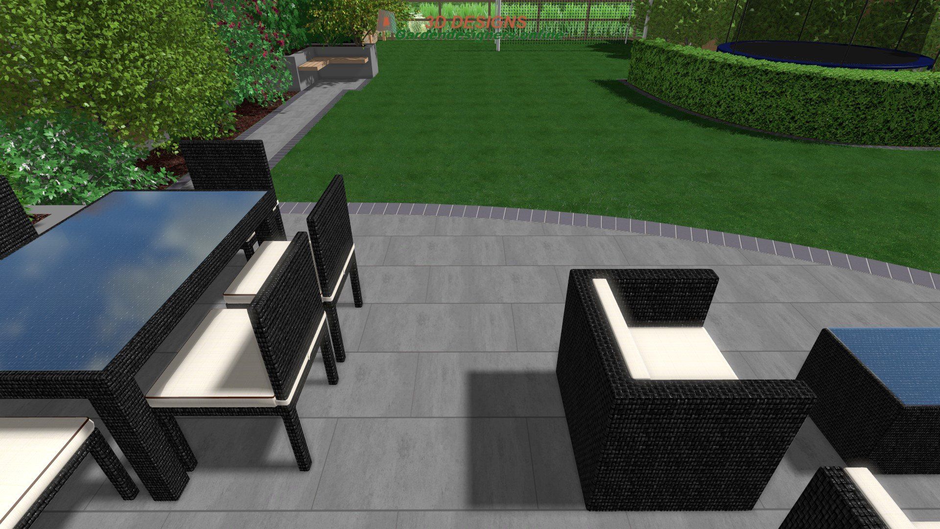 A computer generated image of a patio with a table and chairs