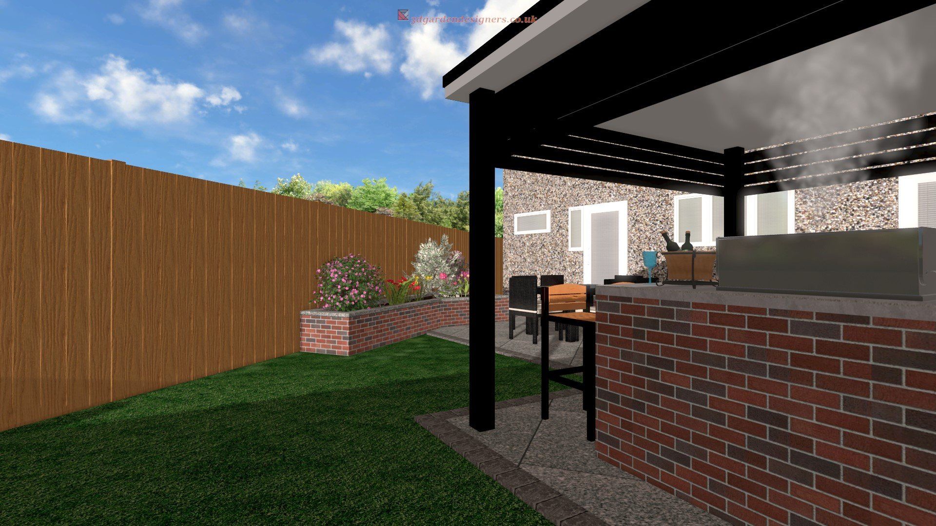A computer generated image of a backyard with a brick building and a wooden fence.