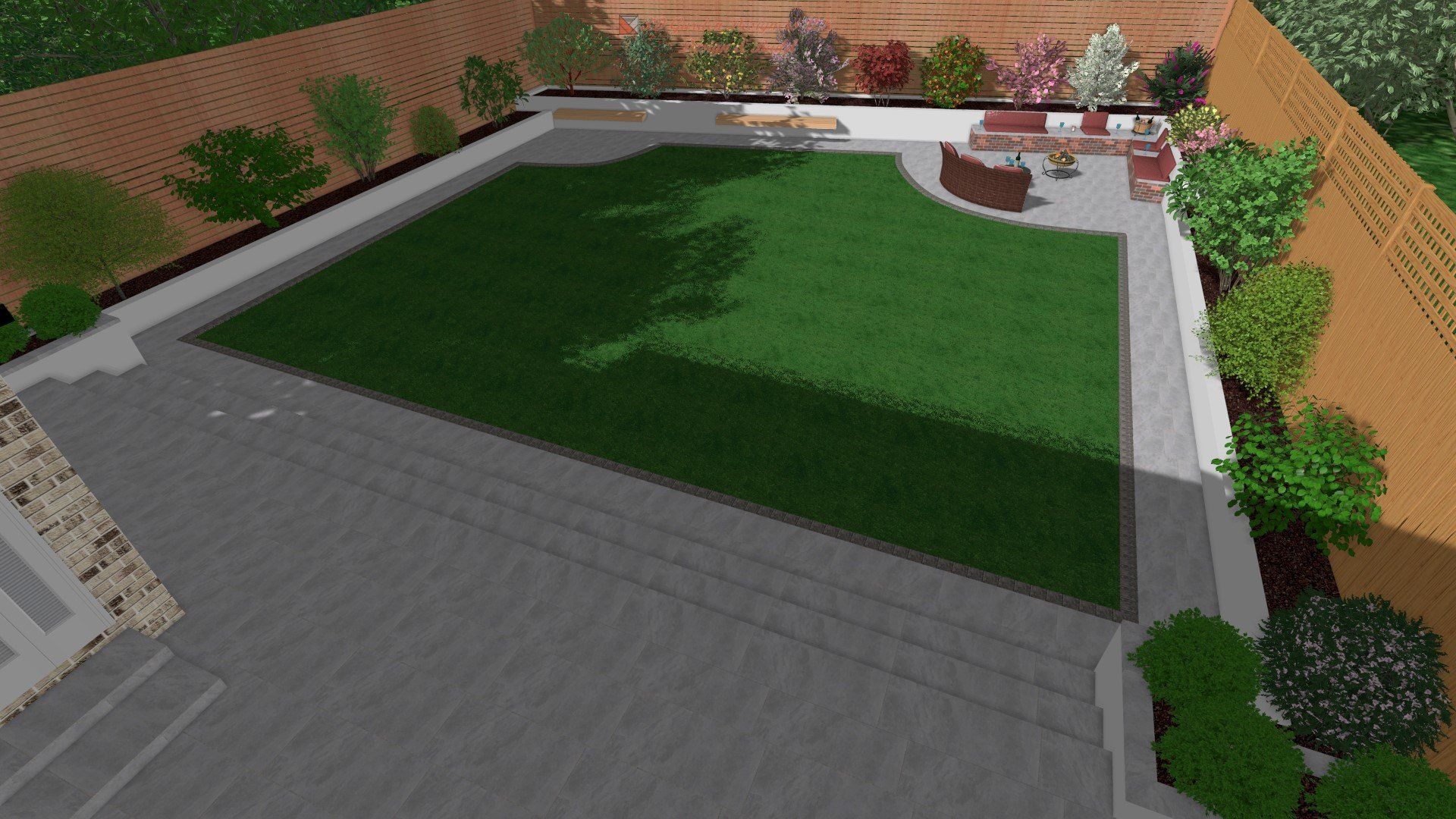 A computer generated image of a backyard with a lush green lawn.