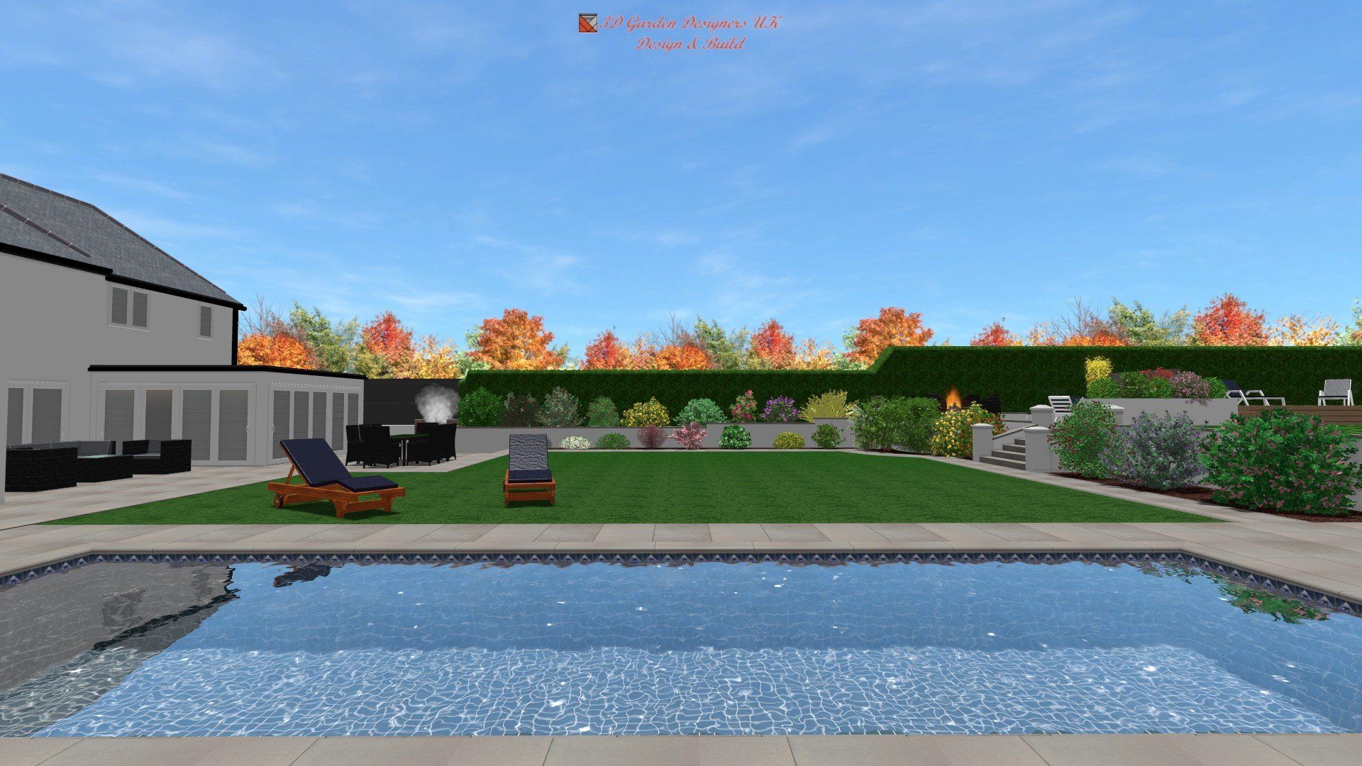 A computer generated image of a backyard with a large swimming pool