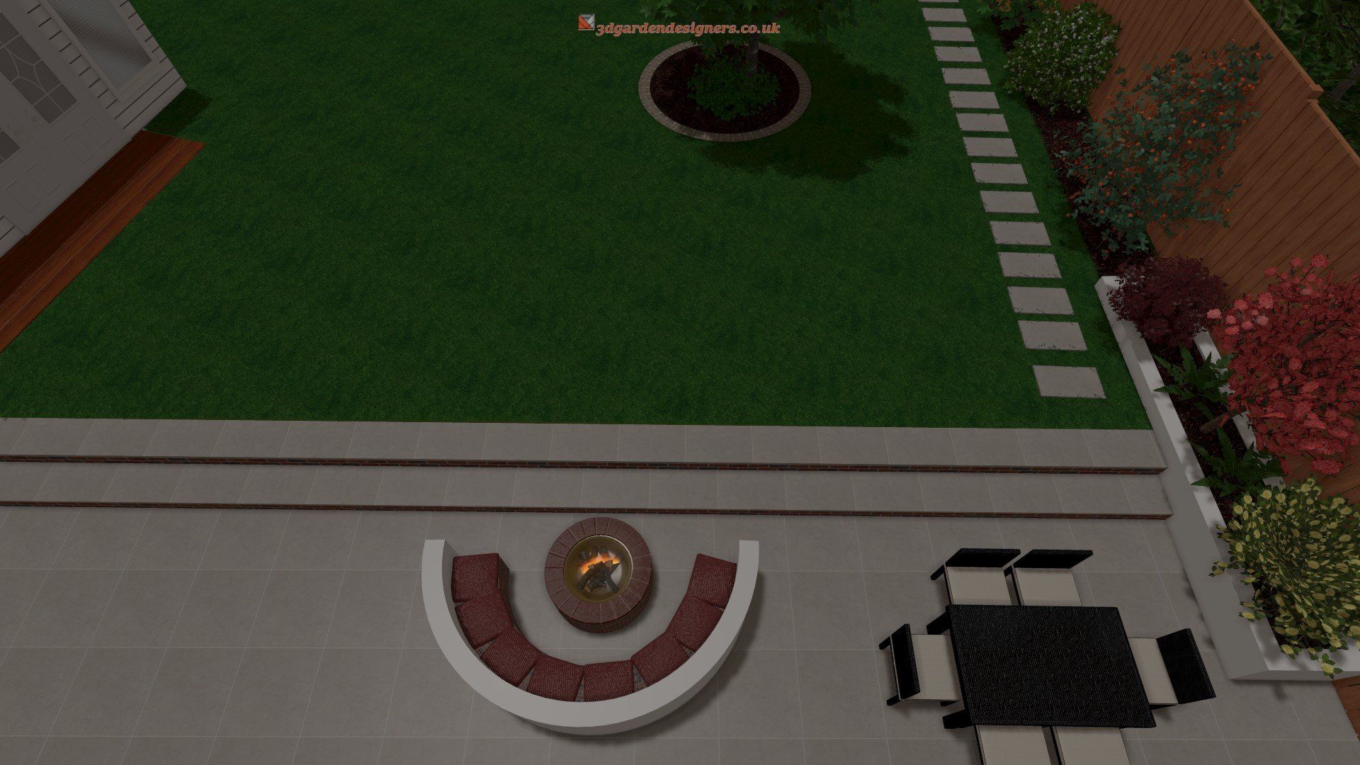 An aerial view of a park with a fire pit in the middle