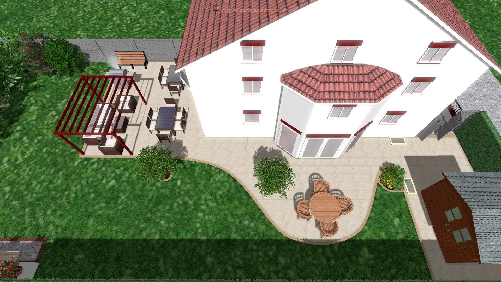 An aerial view of a house with a red roof