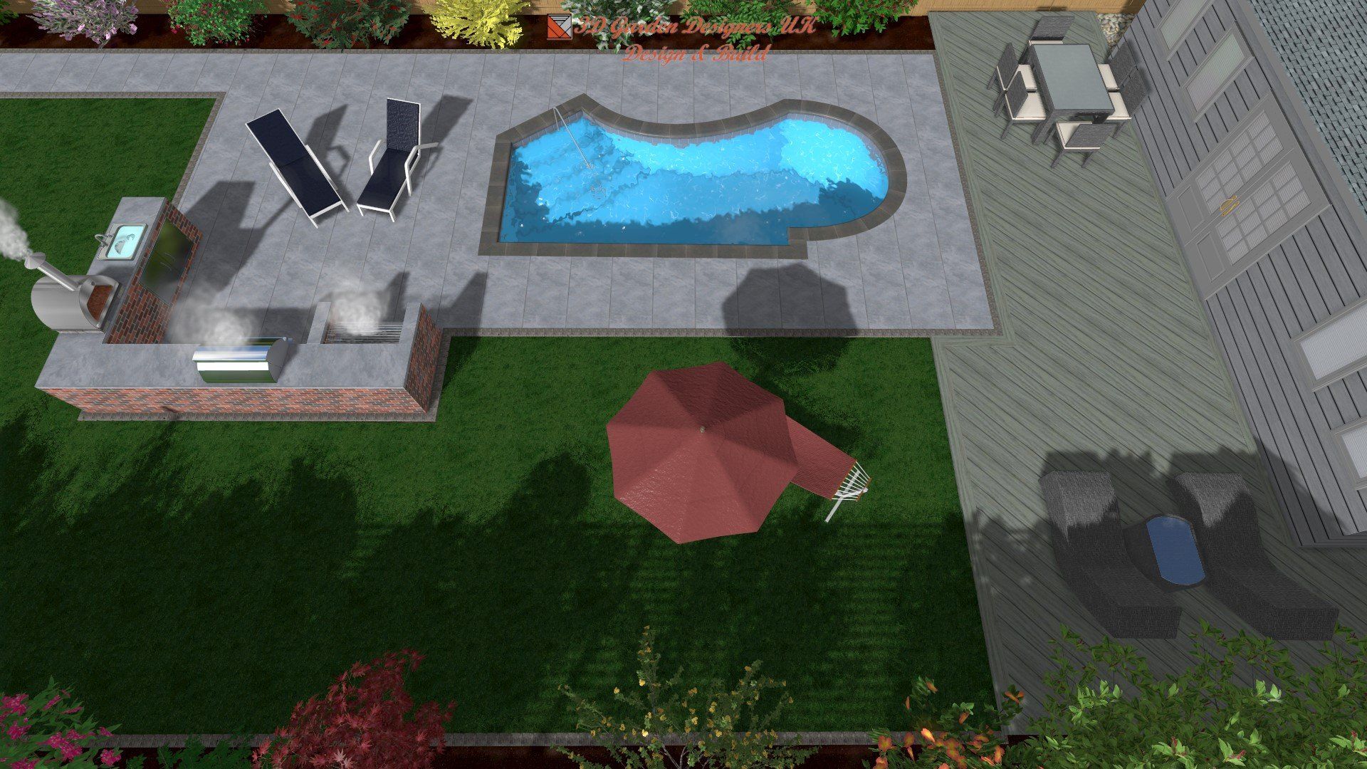 An aerial view of a backyard with a large pool and patio furniture.