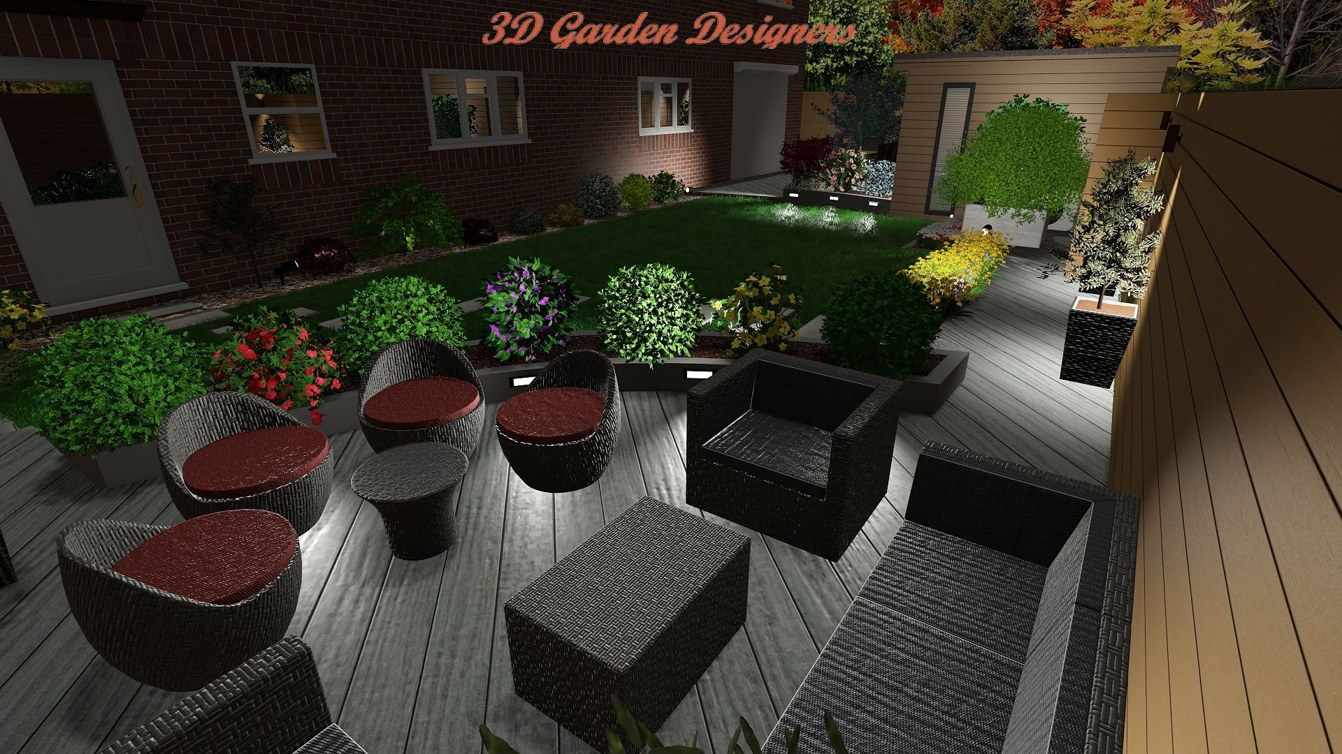 A 3d rendering of a backyard with furniture and plants