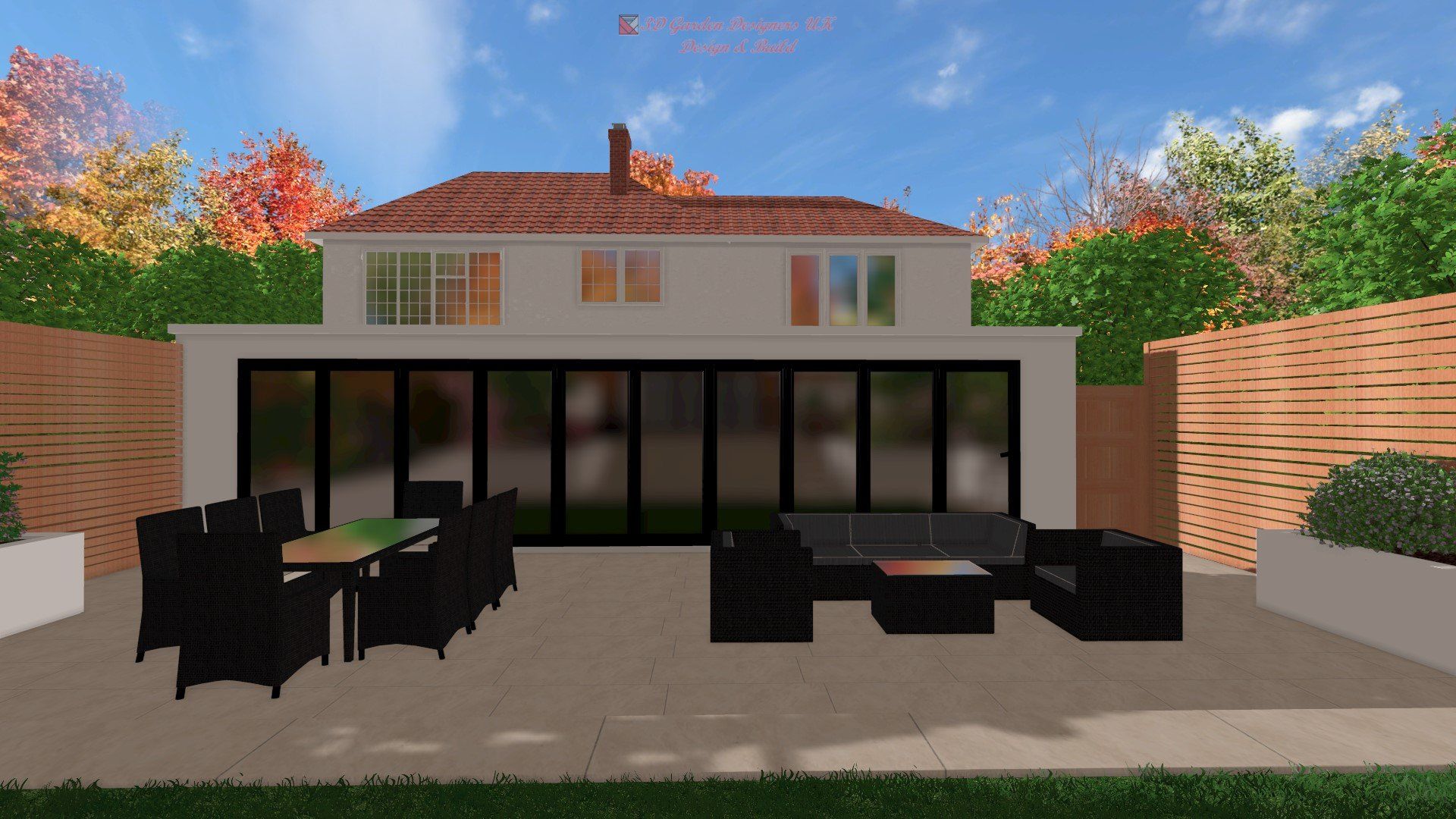 A computer generated image of a house with a patio in front of it