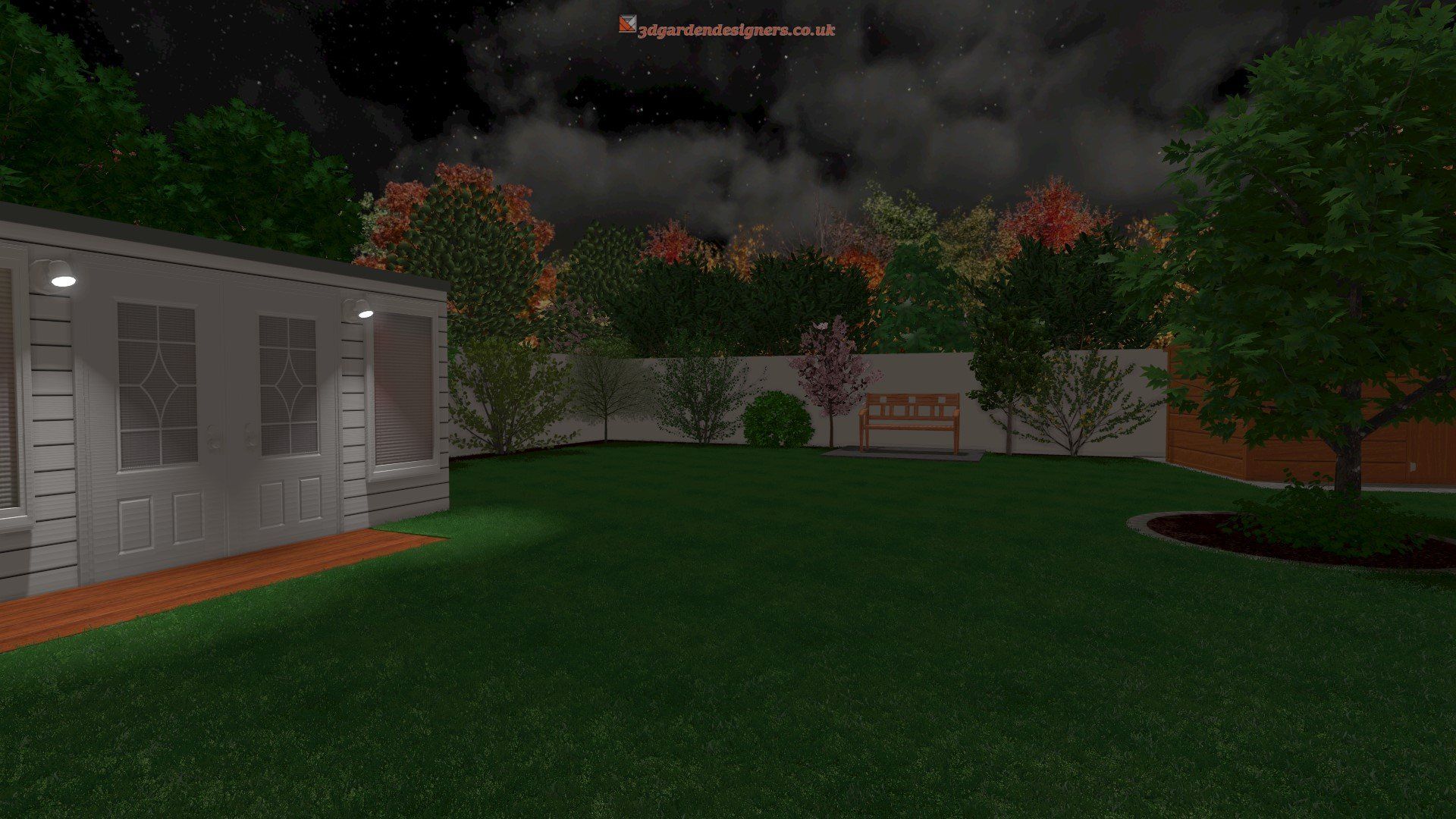 A computer generated image of a backyard at night with a house and trees.