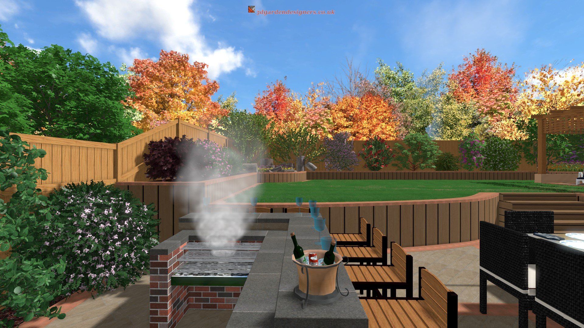 A computer generated image of a backyard with smoke coming out of a grill