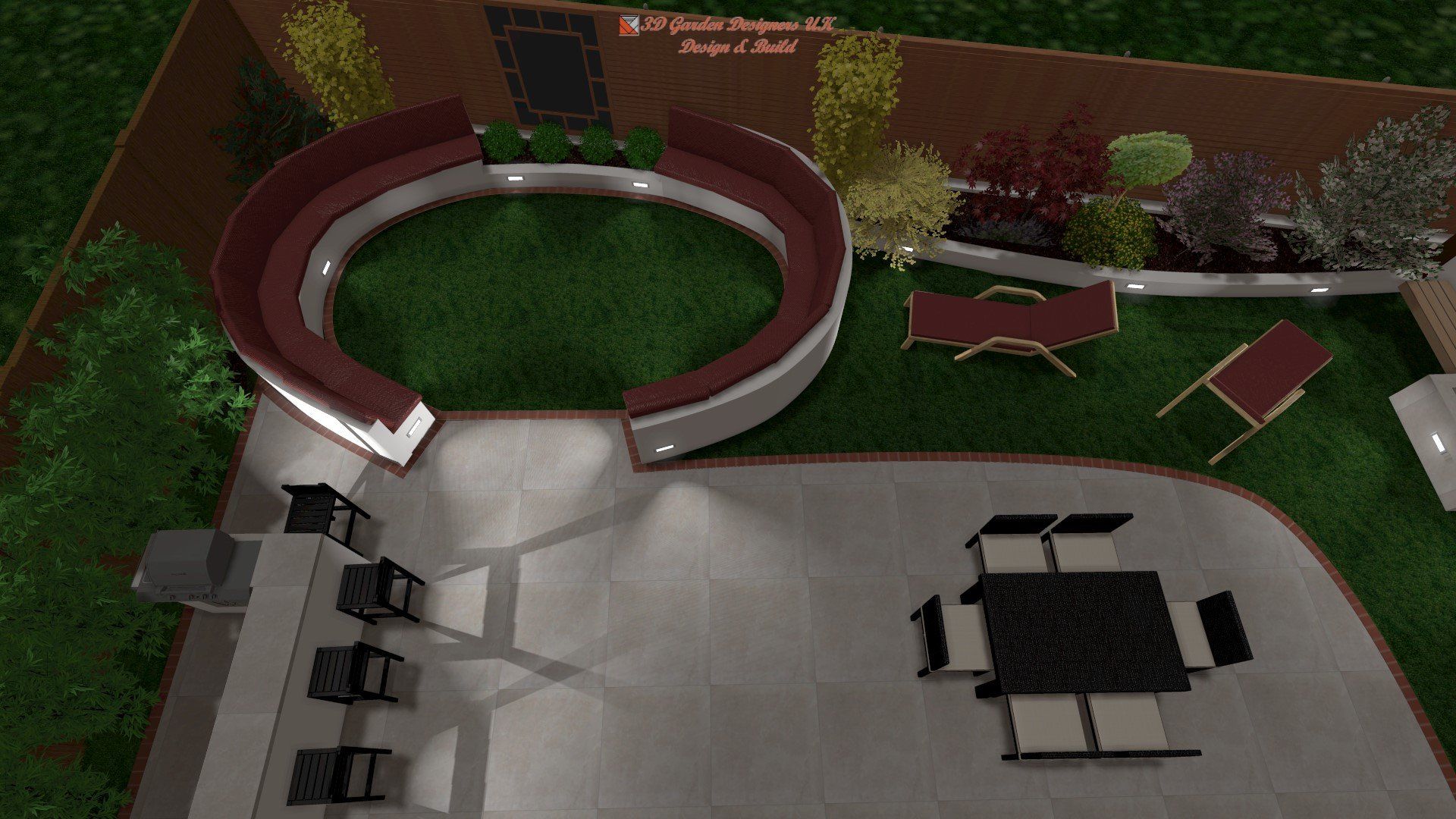 An aerial view of a backyard with a table and chairs