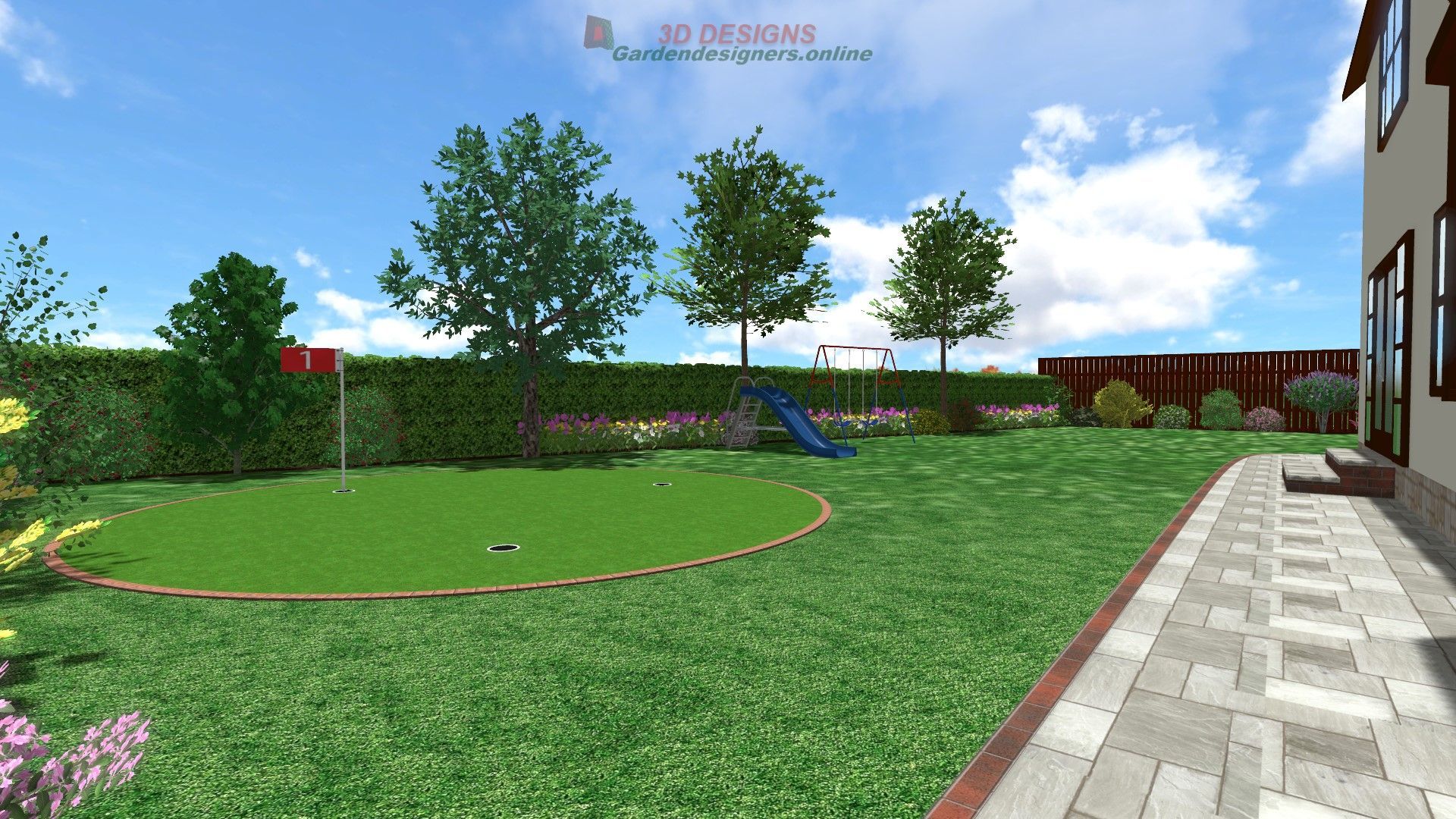 A 3d rendering of a backyard with a putting green and a slide