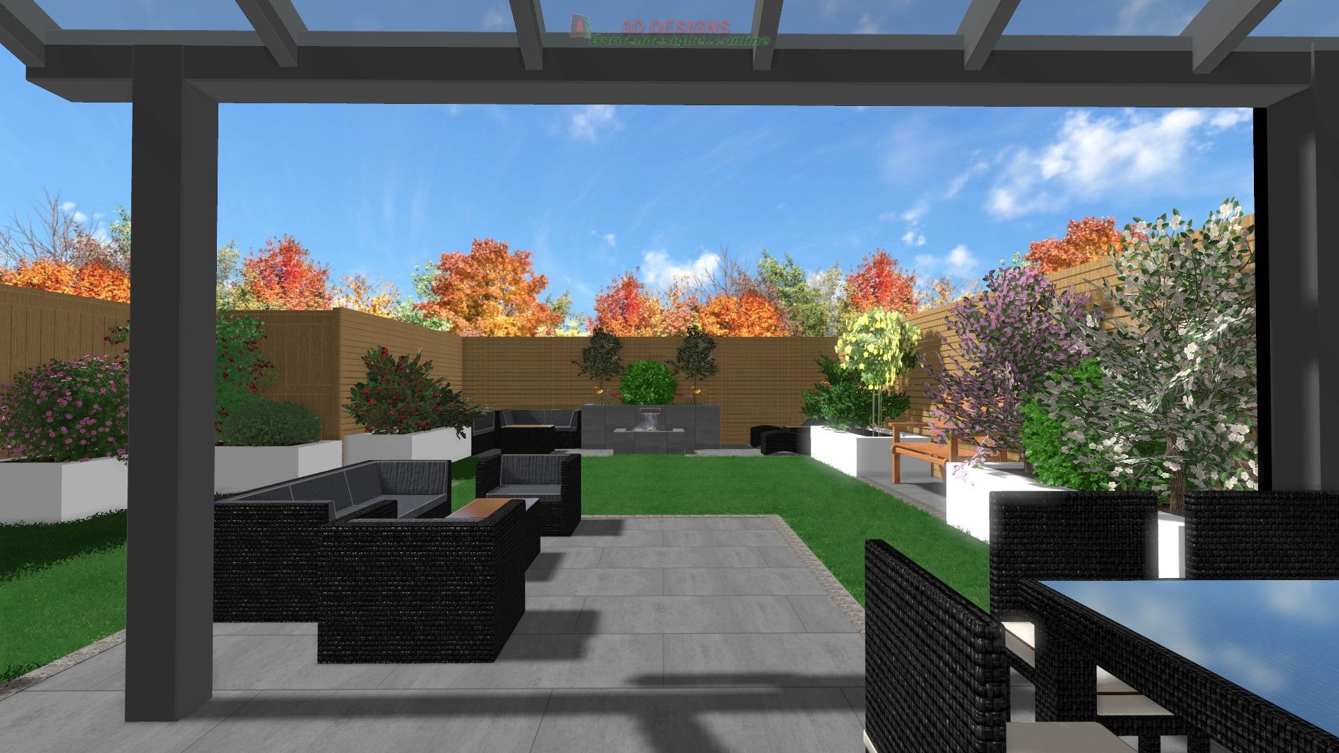 A computer generated image of a patio with a table and chairs