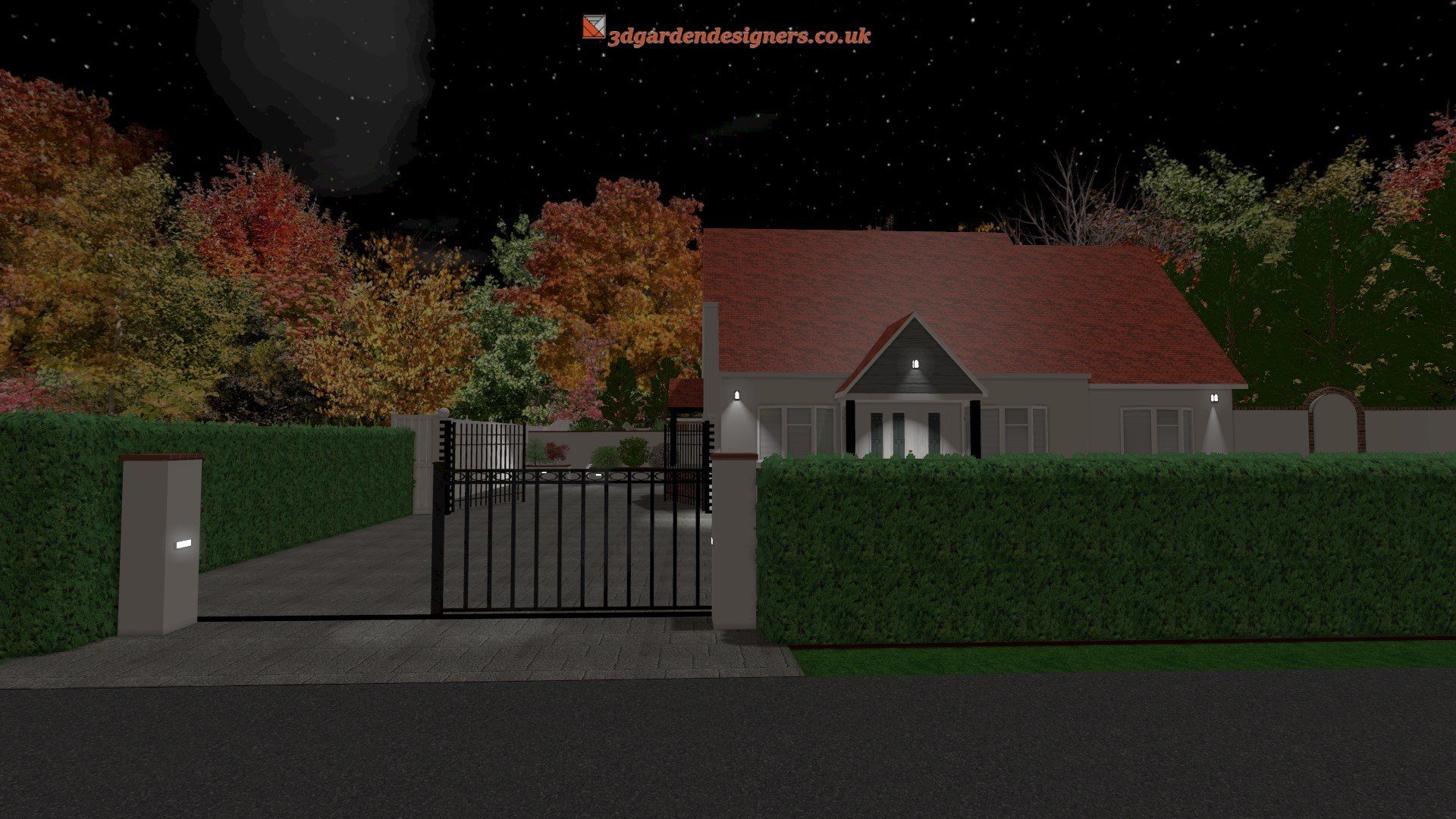 A house with a red roof is surrounded by trees at night.