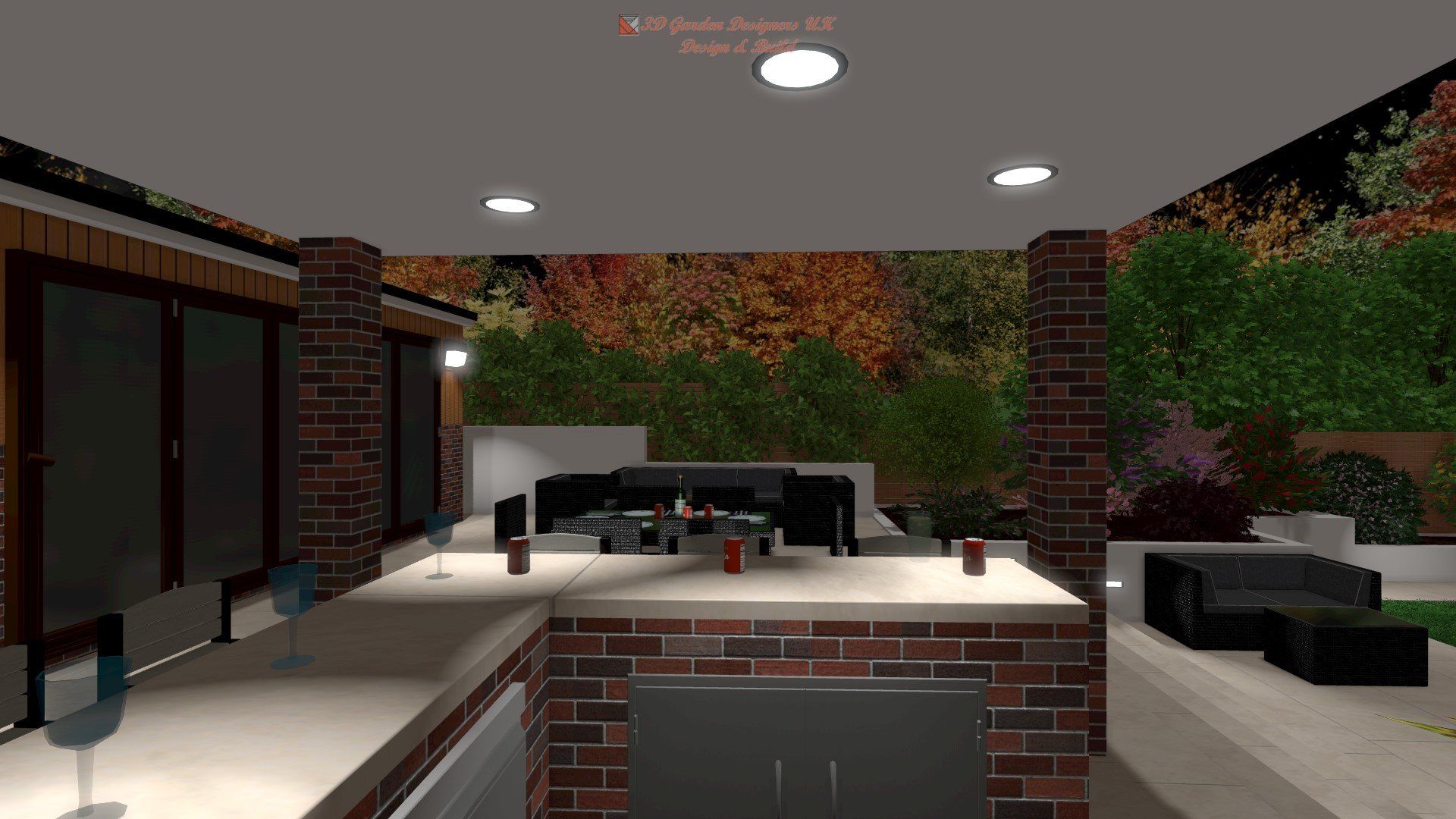 A computer generated image of a living room with a brick counter top