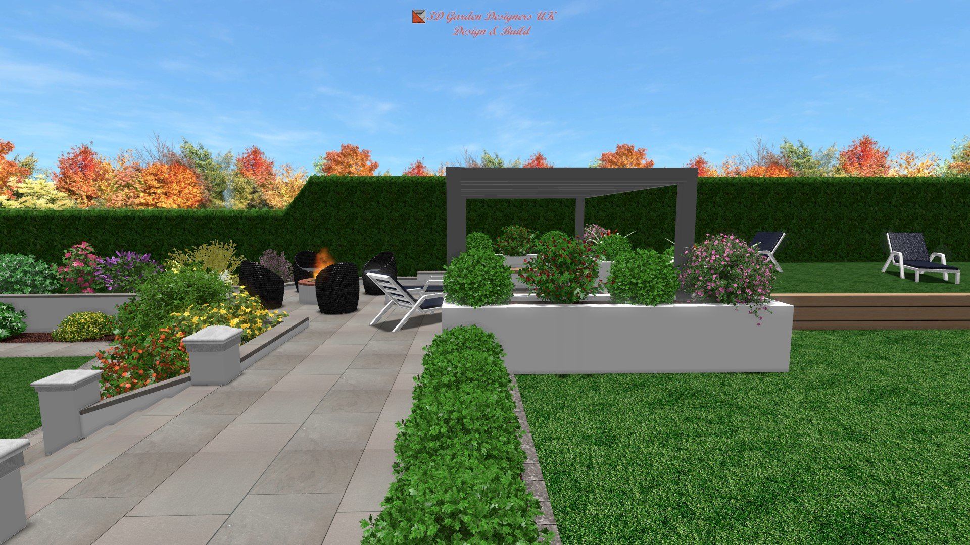 A computer generated image of a garden with a patio and chairs