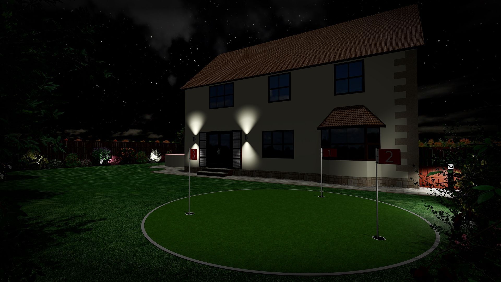 A house with a putting green in front of it at night.