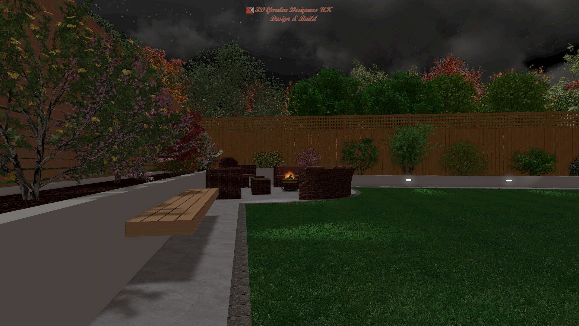 A computer generated image of a backyard with a fire pit and a bench.