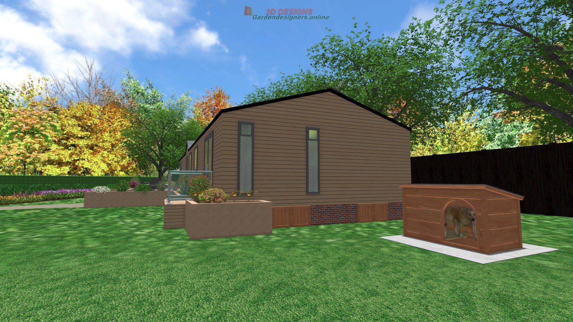 A computer generated image of a house with a brick wall in the backyard.