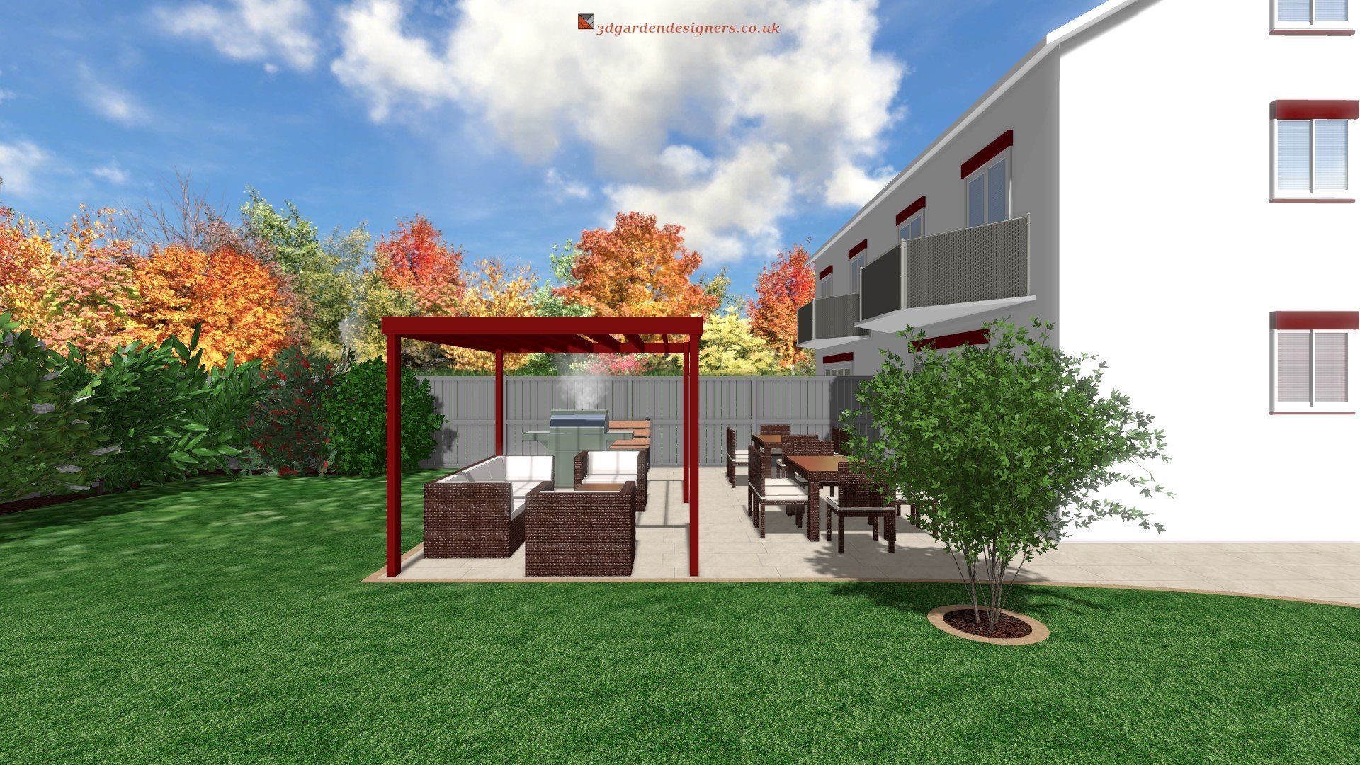 An artist 's impression of a backyard with a pergola and patio furniture.