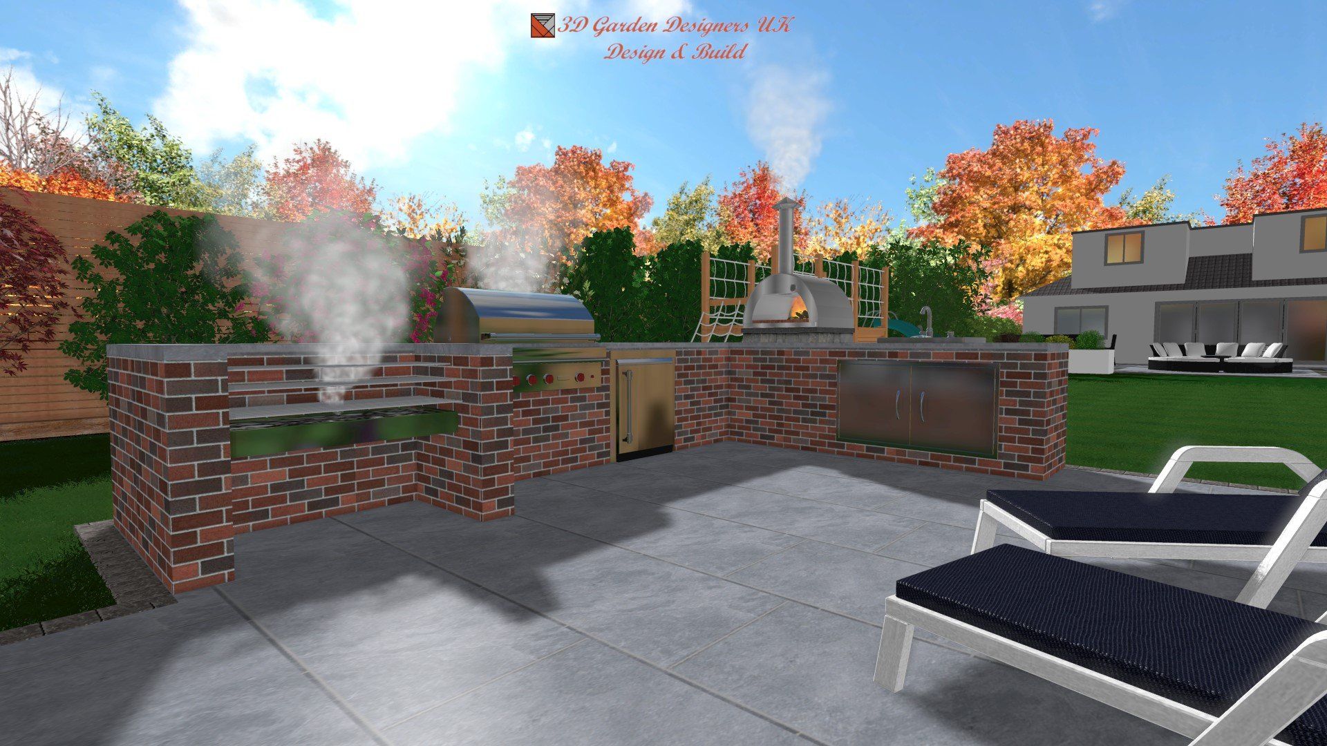 A computer generated image of a backyard with a grill and lounge chairs.