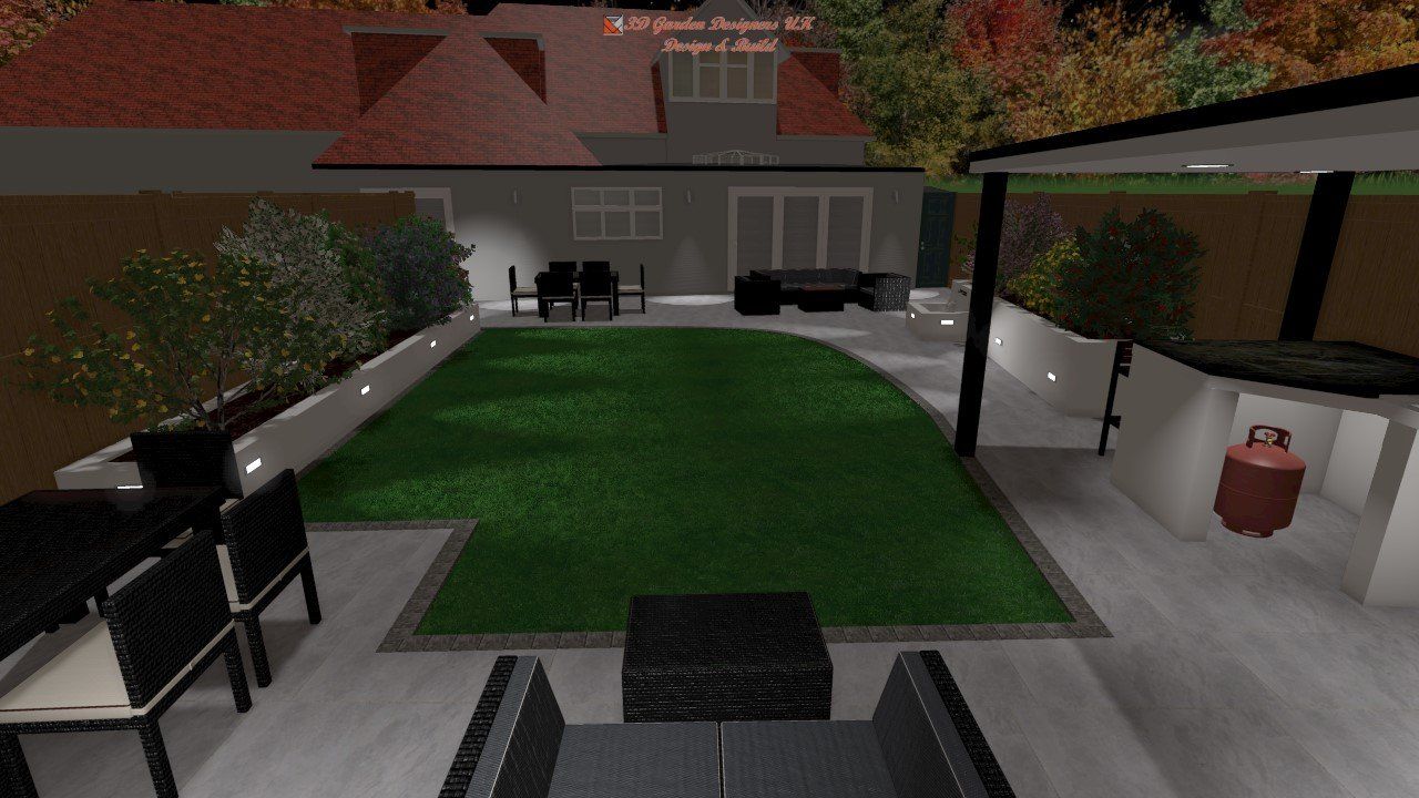 A computer generated image of a backyard with furniture and a propane tank