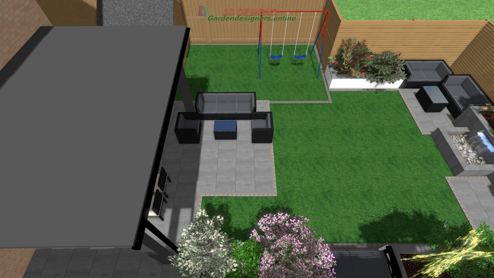 An aerial view of a backyard with a swing set and a patio.