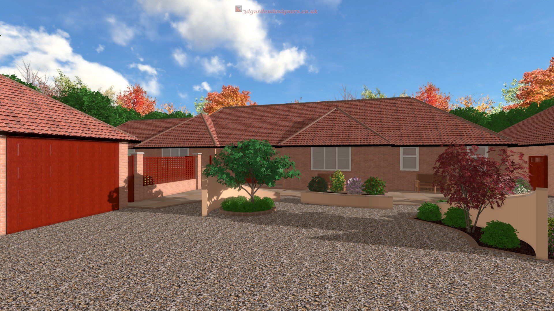 An artist 's impression of a house with a red garage door