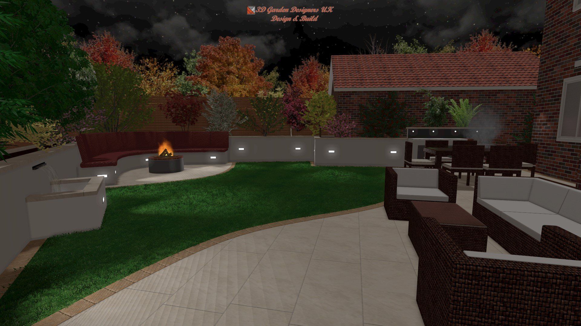 There is a fire pit in the middle of the backyard.