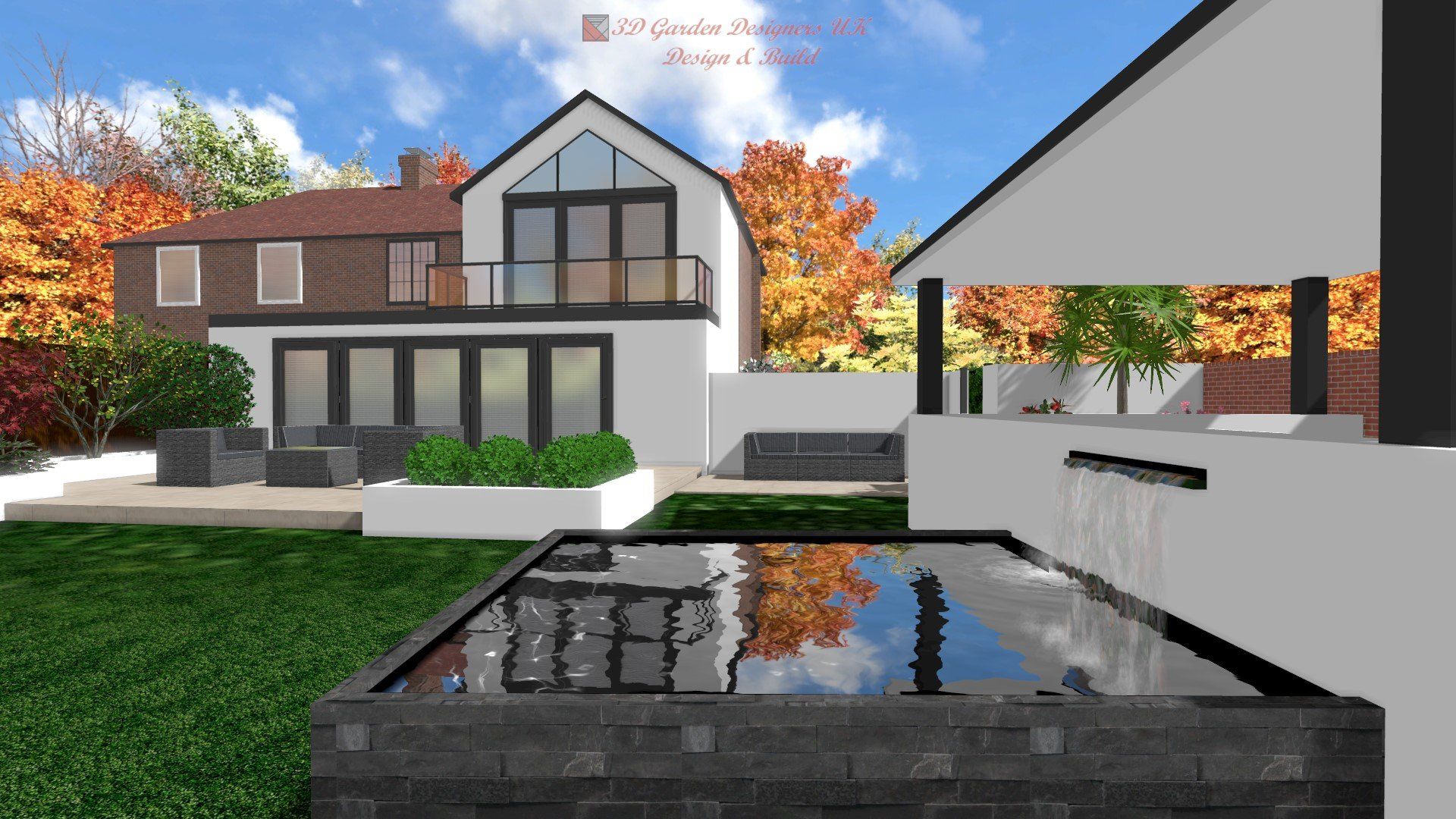 A computer generated image of a house with a pool in front of it