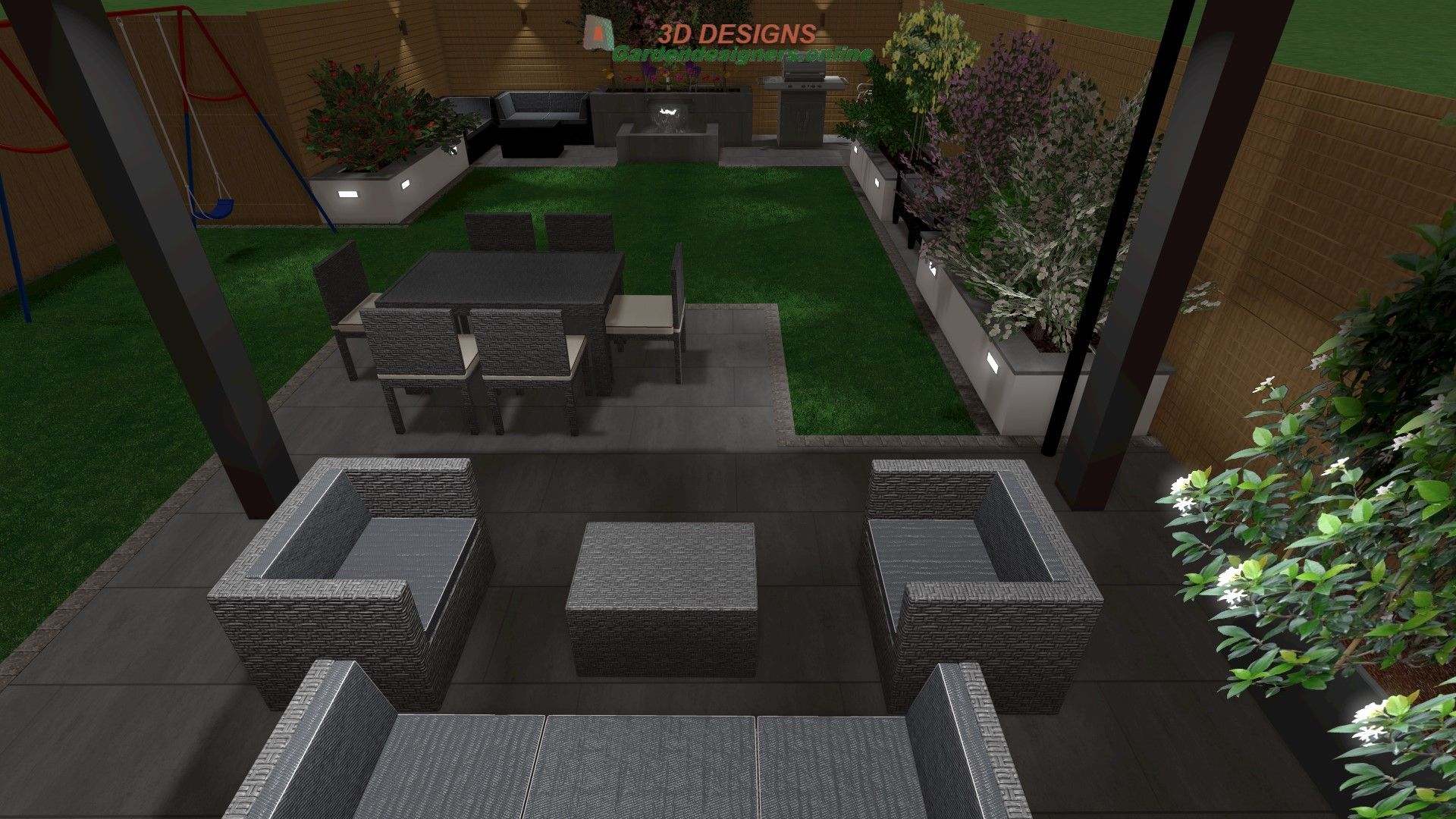 A 3d rendering of a backyard with a table , chairs , and a fire pit.