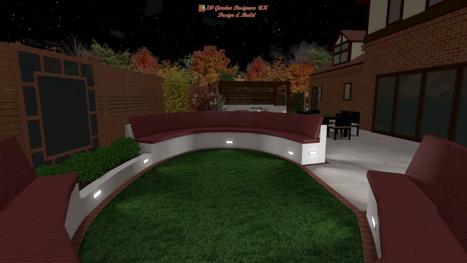 A computer generated image of a backyard at night