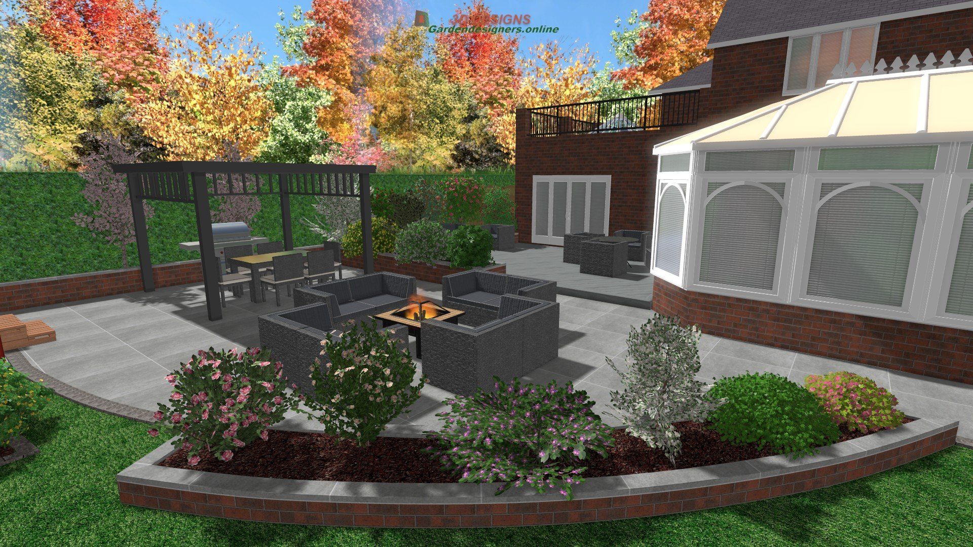 A computer generated image of a backyard with a fire pit and a conservatory.