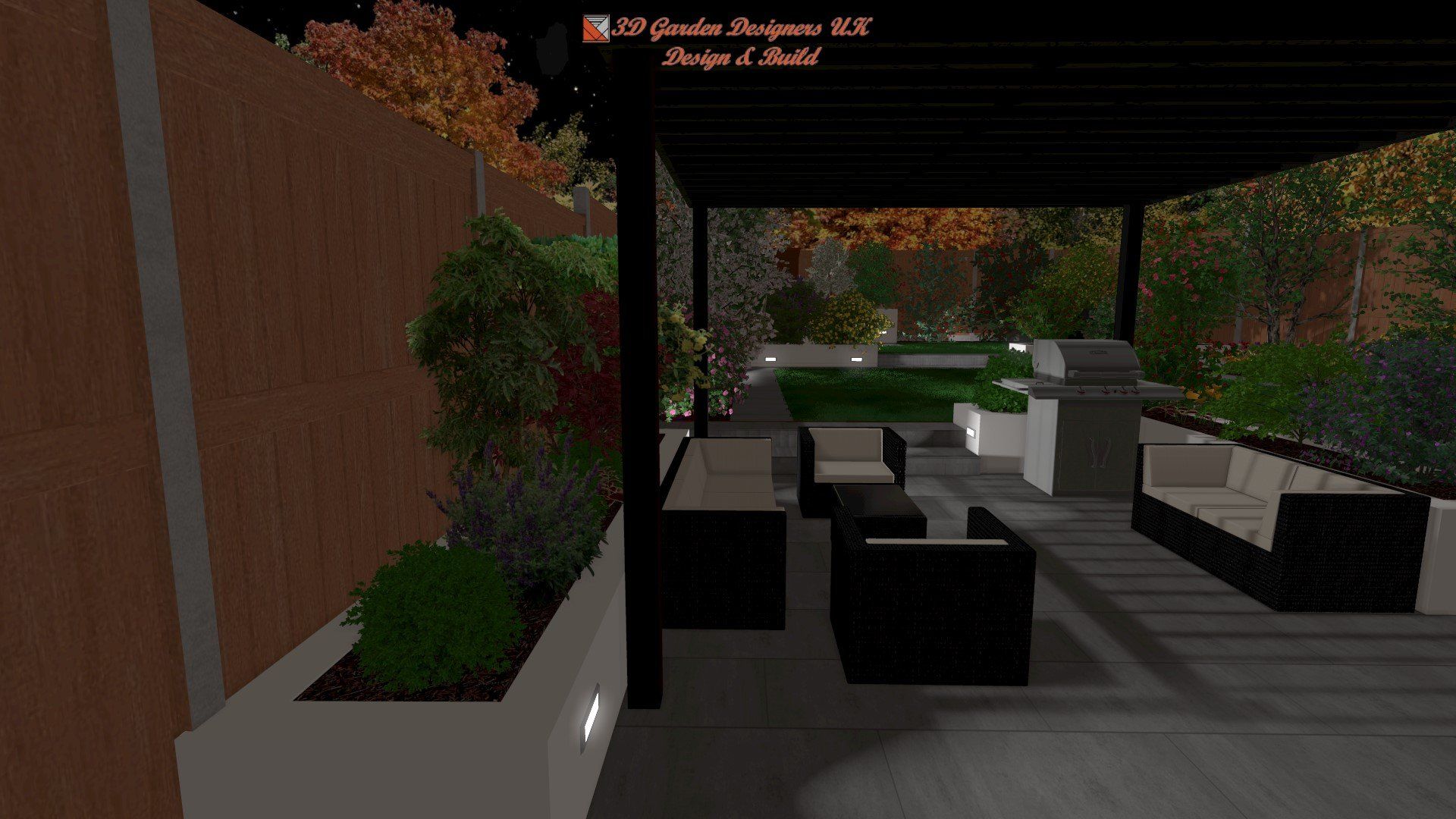A computer generated image of a patio with a pergola and furniture.